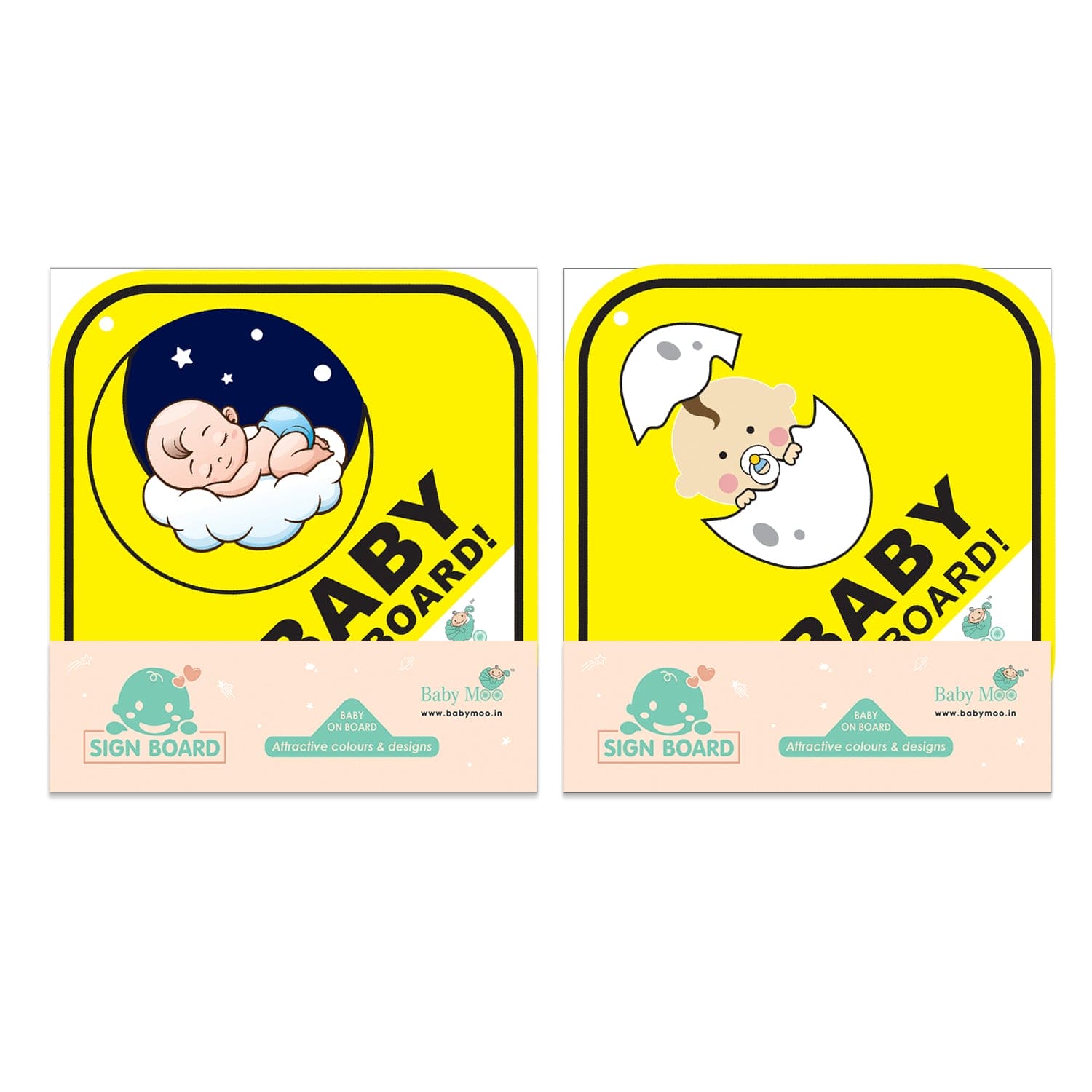 Baby Moo Car Safety Sign Snoozing Angel Baby On Board With Suction Cup Clip 2 Pack - Yellow