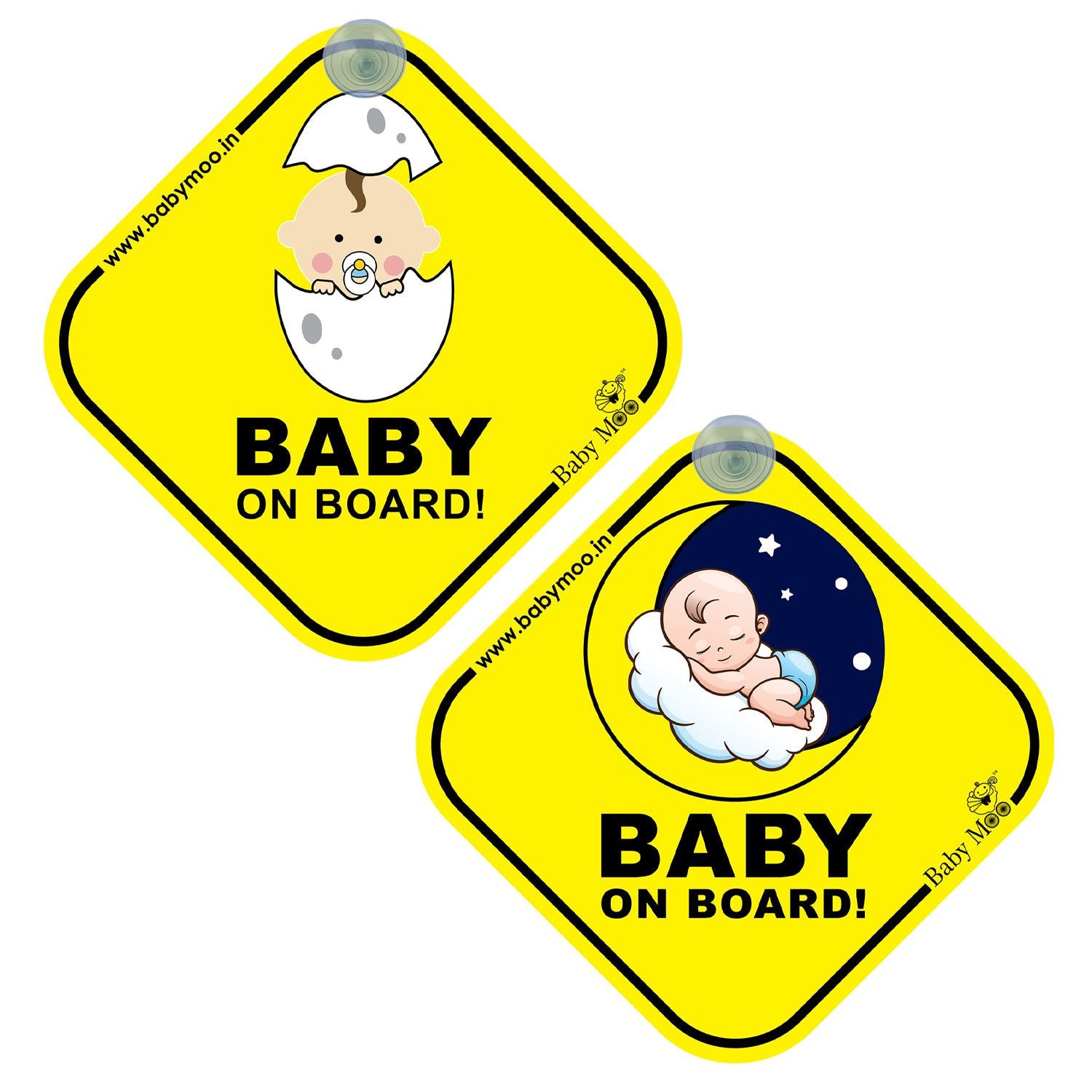 Baby Moo Car Safety Sign Snoozing Angel Baby On Board With Suction Cup Clip 2 Pack - Yellow