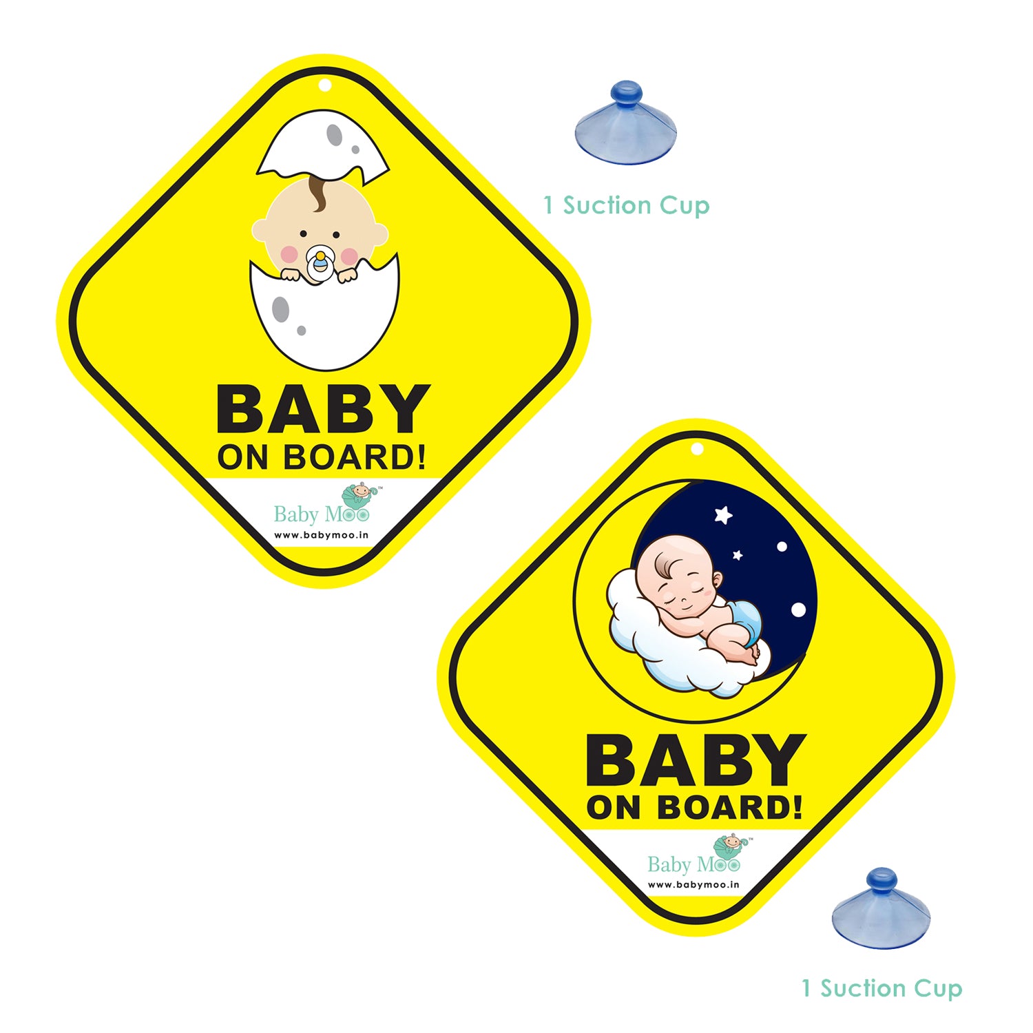 Baby Moo Car Safety Sign Snoozing Angel Baby On Board With Suction Cup Clip 2 Pack - Yellow - Baby Moo