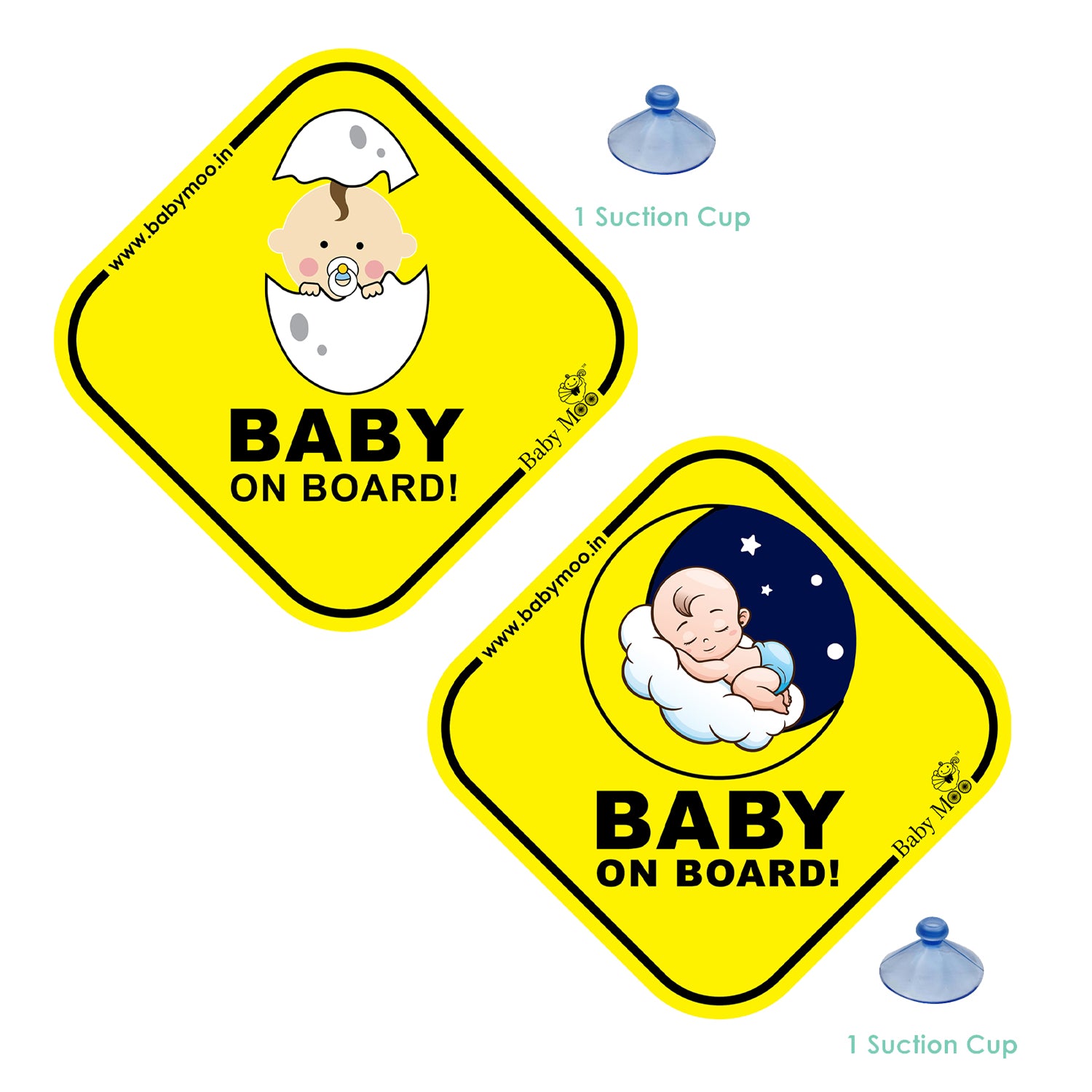 Baby Moo Car Safety Sign Snoozing Angel Baby On Board With Suction Cup Clip 2 Pack - Yellow
