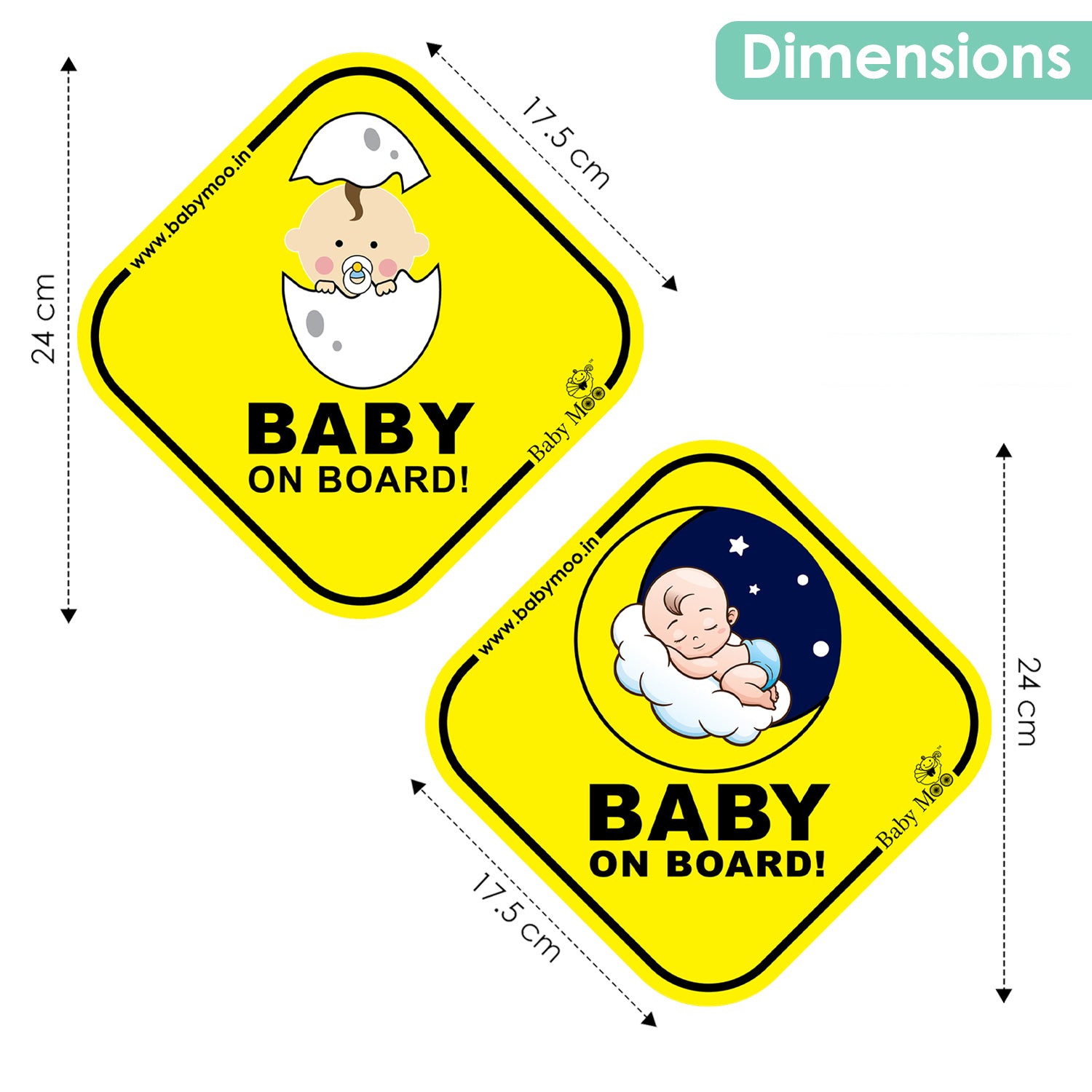 Baby Moo Car Safety Sign Snoozing Angel Baby On Board With Suction Cup Clip 2 Pack - Yellow