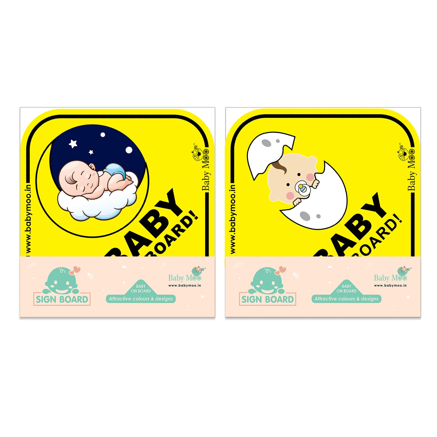 Baby Moo Car Safety Sign Snoozing Angel Baby On Board With Suction Cup Clip 2 Pack - Yellow
