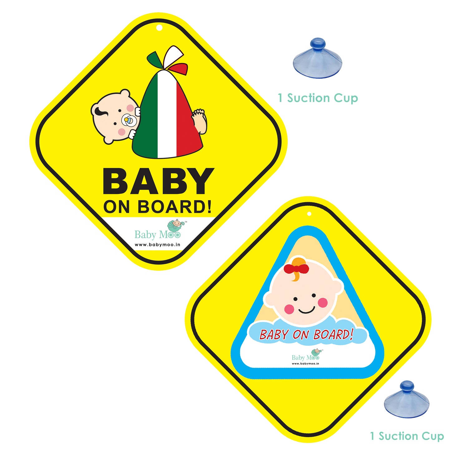 Baby Moo Car Safety Sign Sleeping Baby On Board With Suction Cup Clip 2 Pack - Yellow, Blue