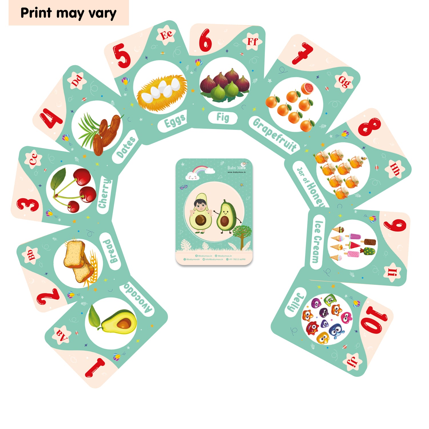 Baby Moo Fun With Food Numbers & Alphabets Montessori Set Of 10 Flash Cards - Green, Peach