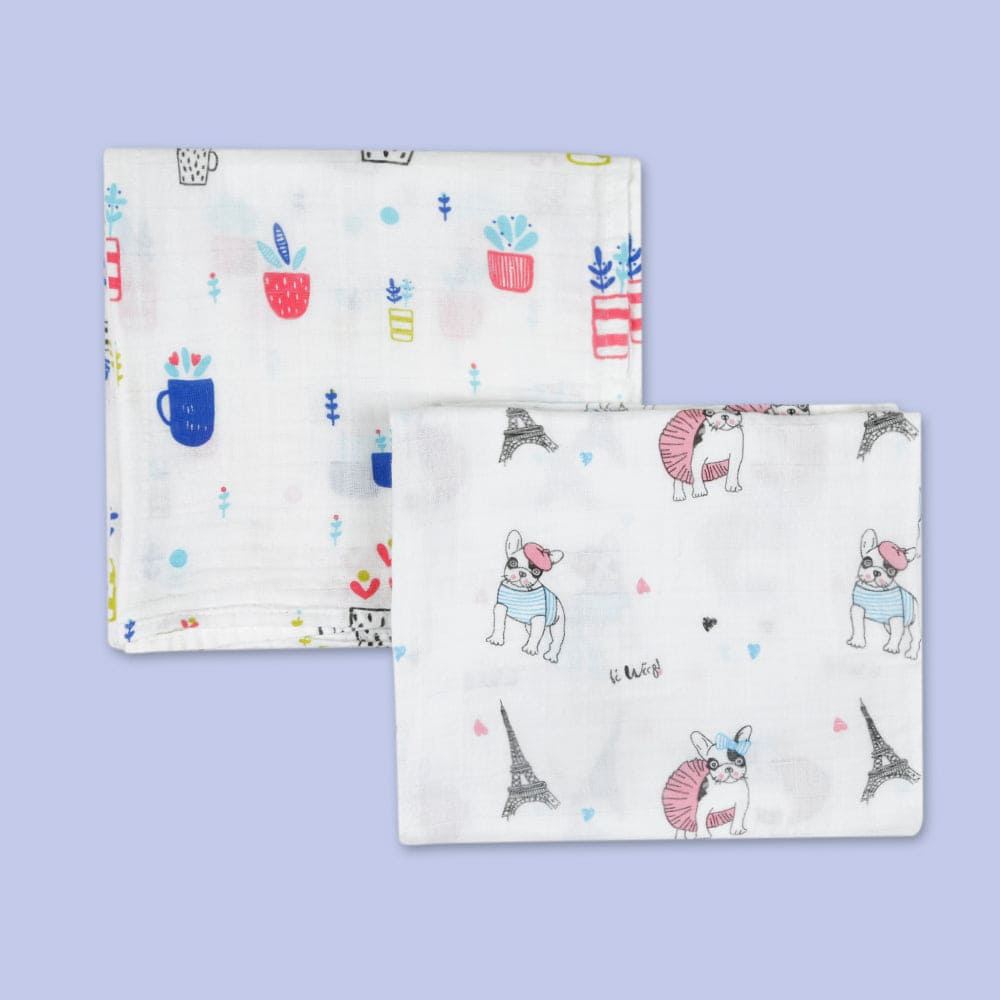 Parisian Frenchie And Plant Love Multicolour 2 Pk Muslin Swaddle