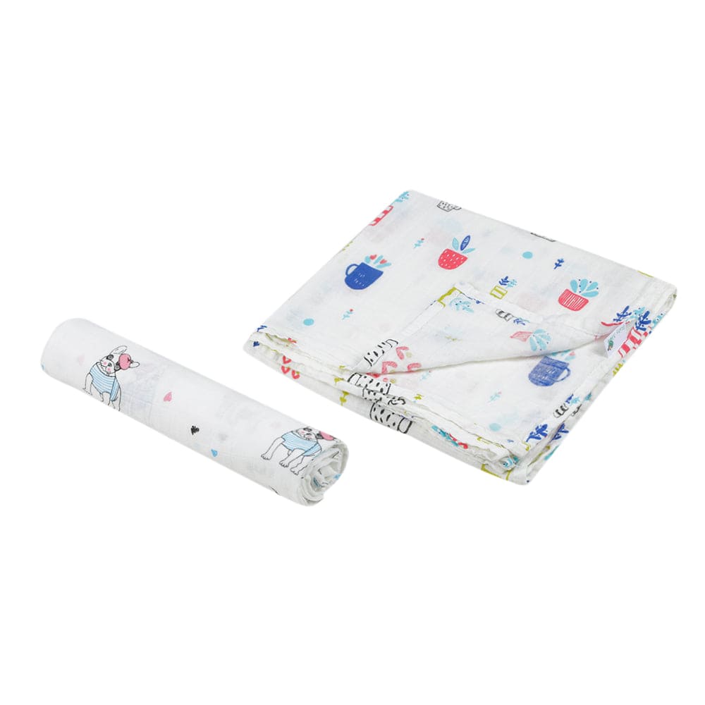 Parisian Frenchie And Plant Love Multicolour 2 Pk Muslin Swaddle