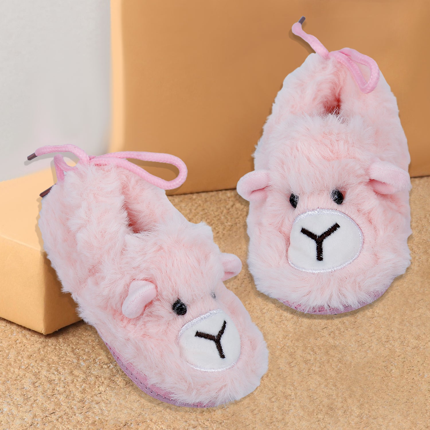Baby Moo Furry Bear Warm And Cozy Anti Skid Booties - Pink