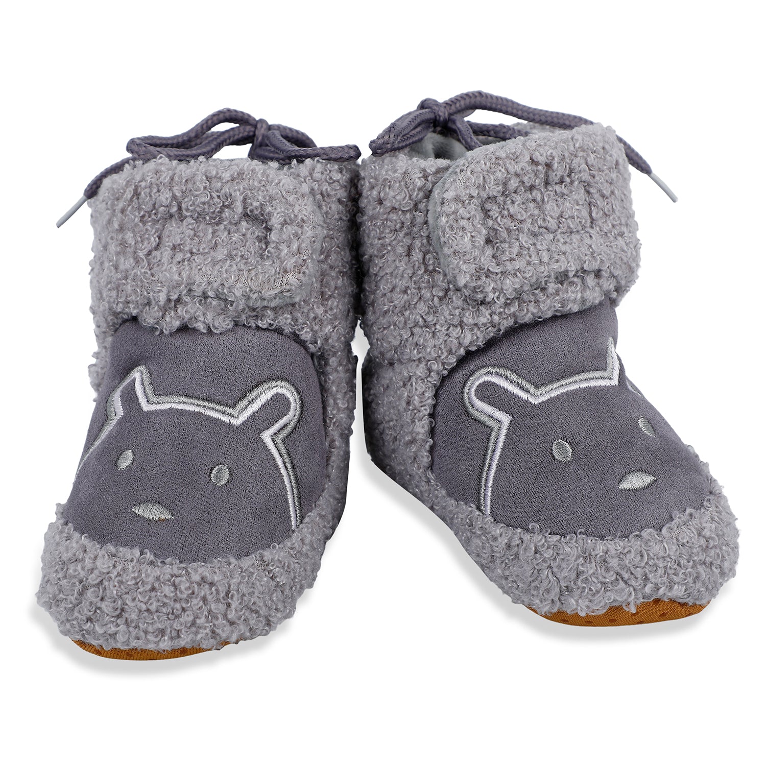 Baby Moo Bear Soft Fleece Lined Velcro Anti Skid Booties - Grey