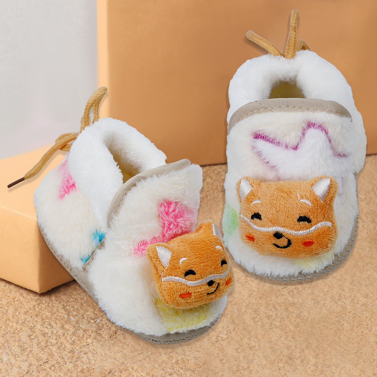 Baby Moo Kitten Mitten 3D Rattle Warm Anti Skid Booties - Cream