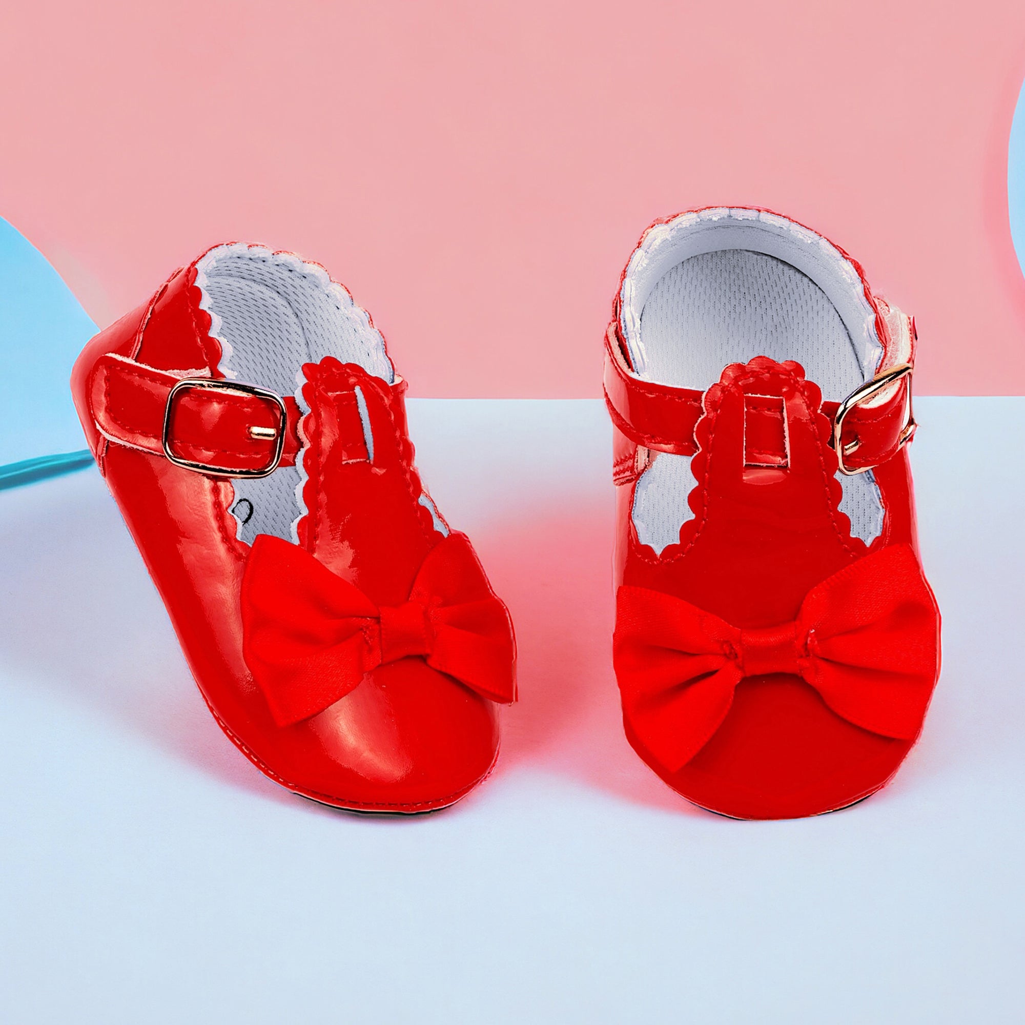 Baby Moo Mary Jane Bow Patent Leather Anti-Skid Ballerina Booties - Red