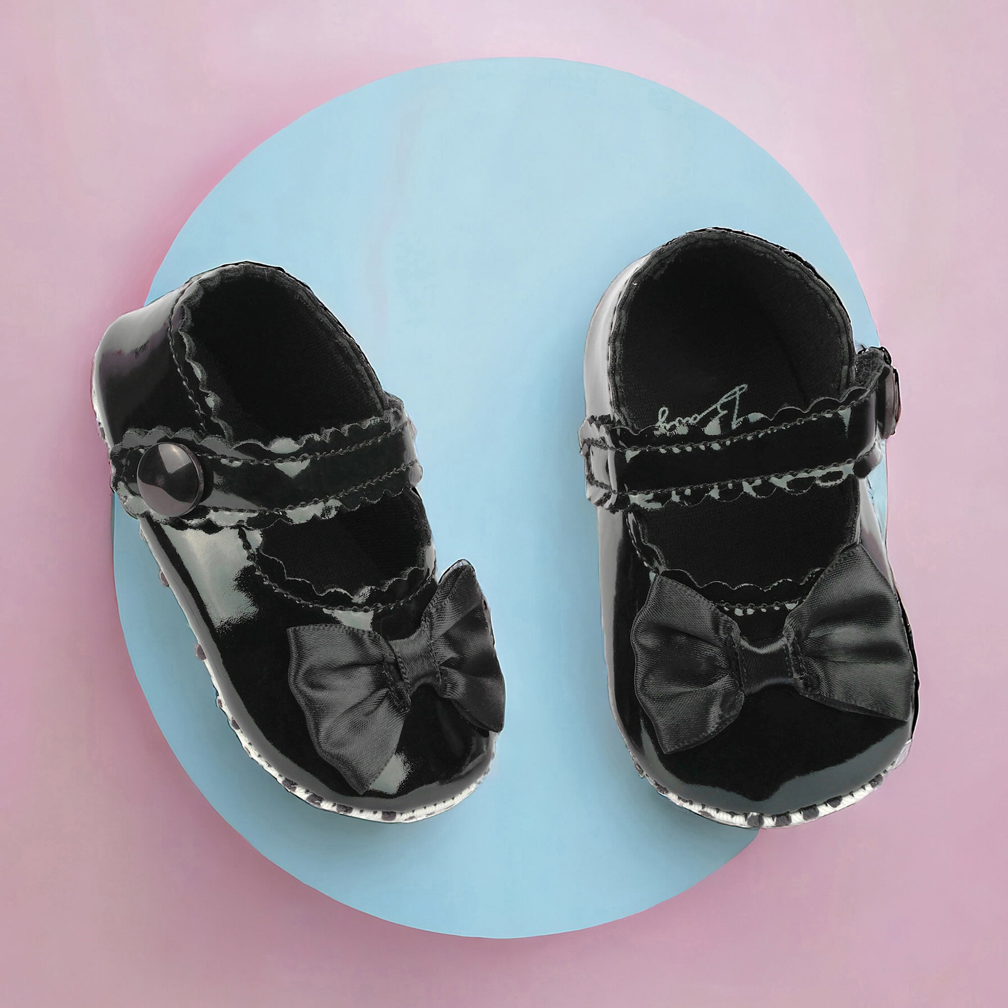 Baby Moo Bow Velcro Strap Patent Leather Anti-Skid Ballerina Booties - Black