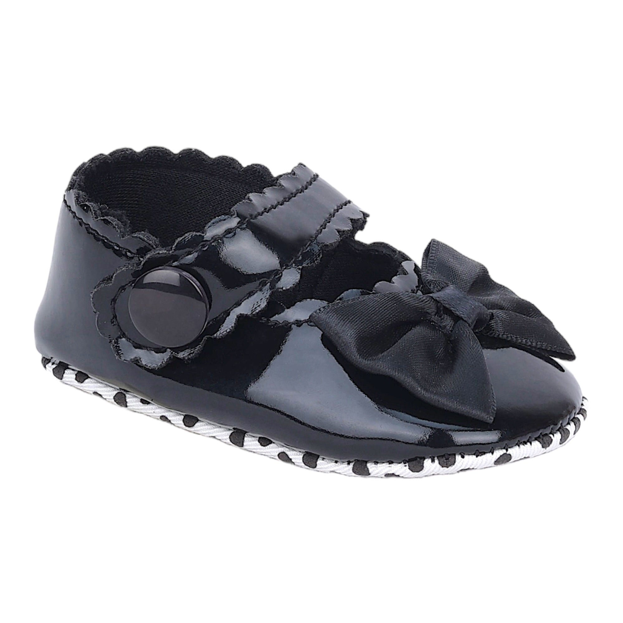 Baby Moo Bow Velcro Strap Patent Leather Anti-Skid Ballerina Booties - Black