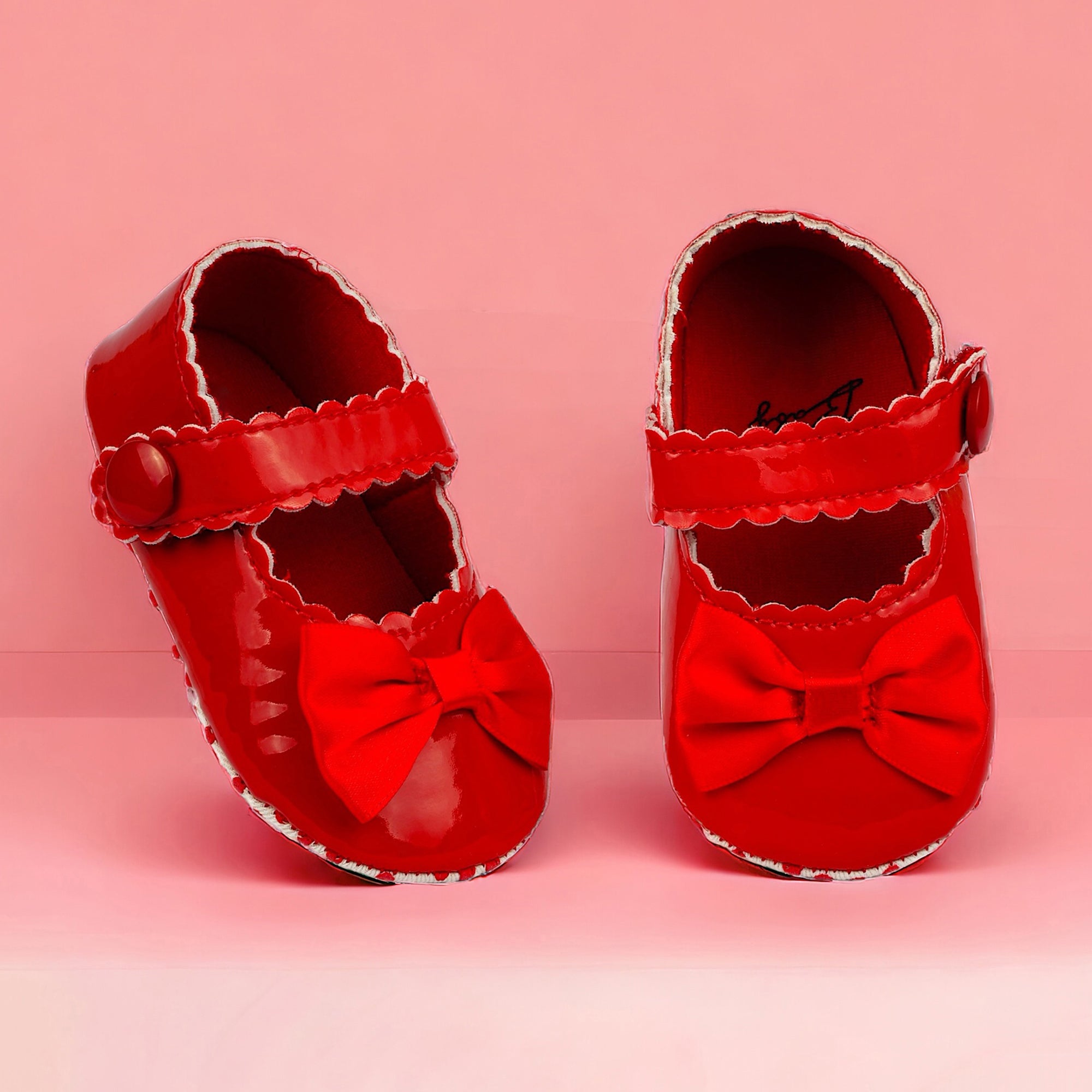 Baby Moo Bow Velcro Strap Patent Leather Anti-Skid Ballerina Booties - Red