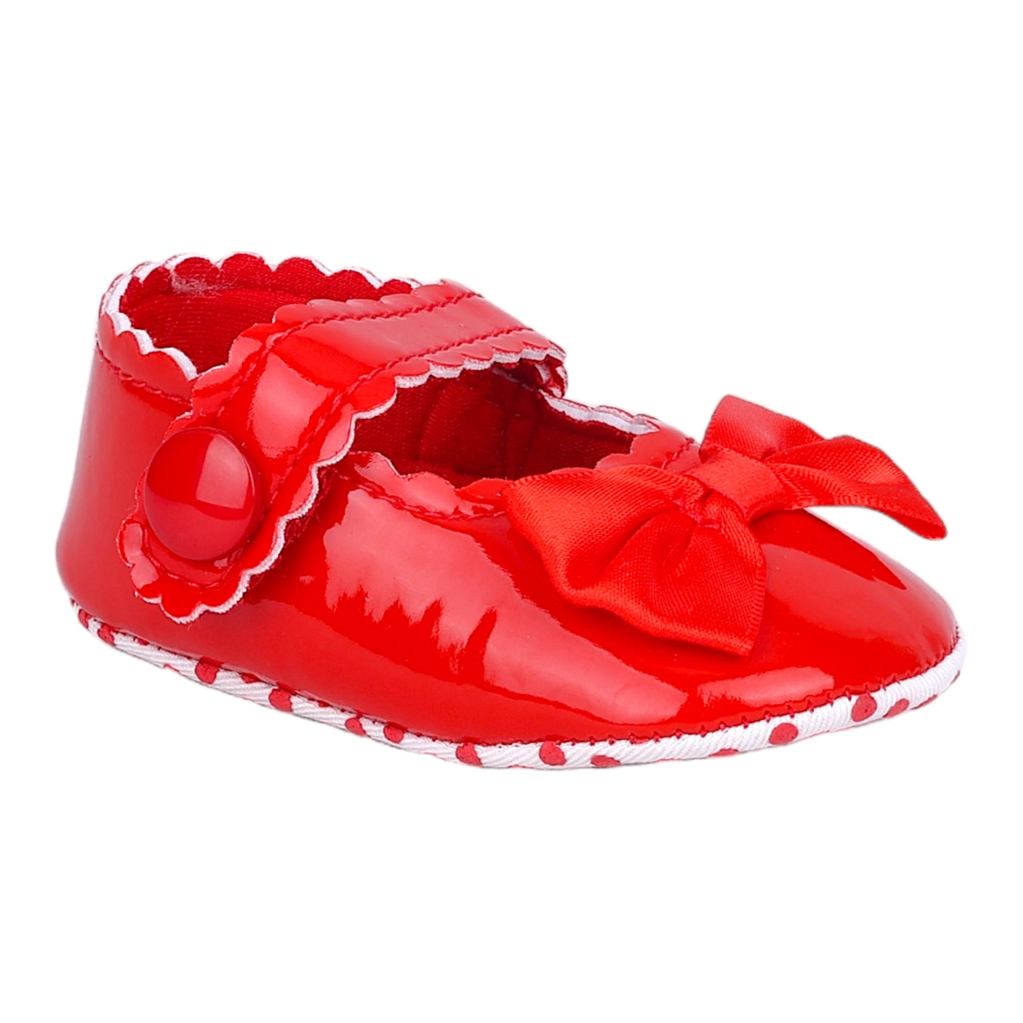 Baby Moo Bow Velcro Strap Patent Leather Anti-Skid Ballerina Booties - Red