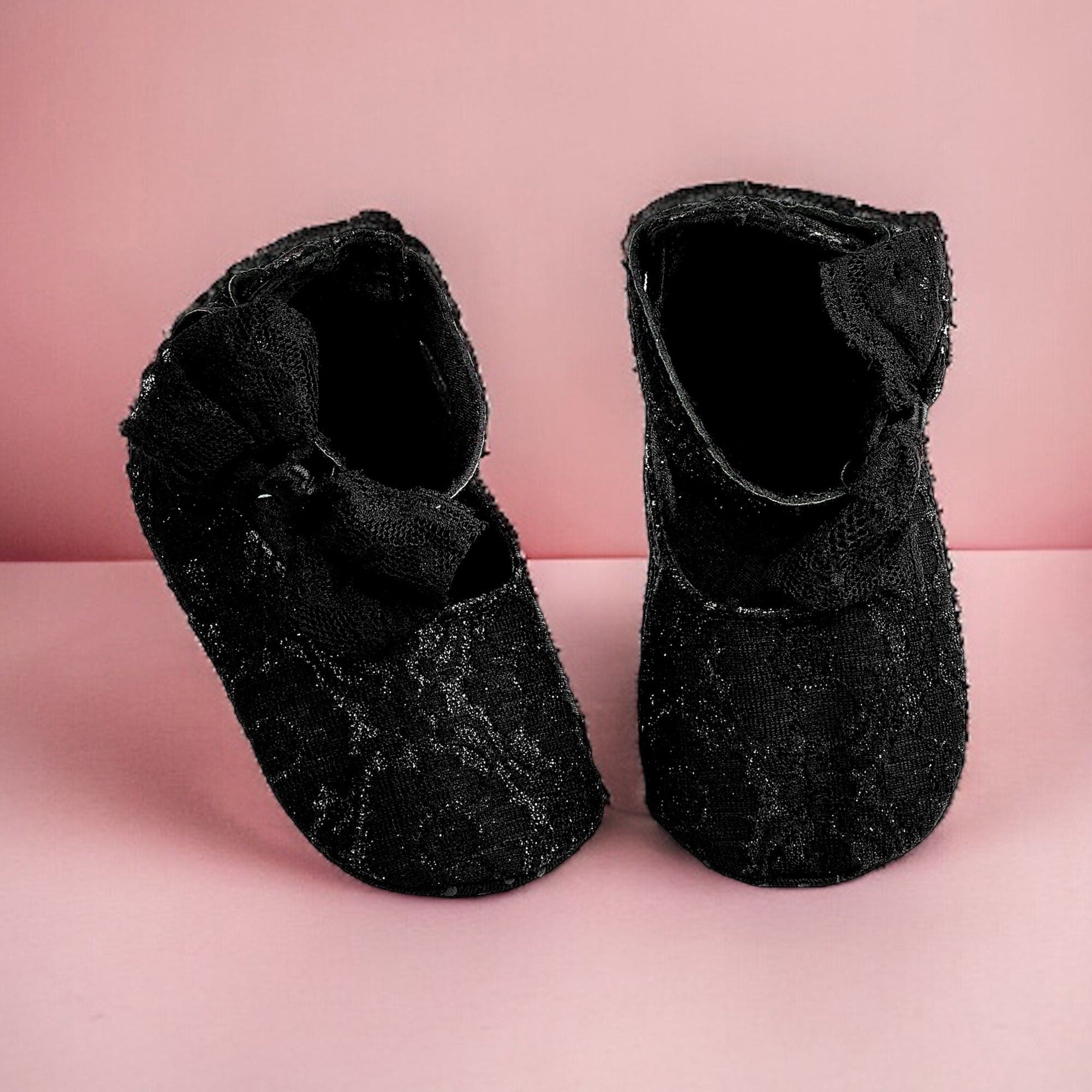 Baby Moo Princess Bow Knot Textured Anti-Skid Ballerina Booties - Black