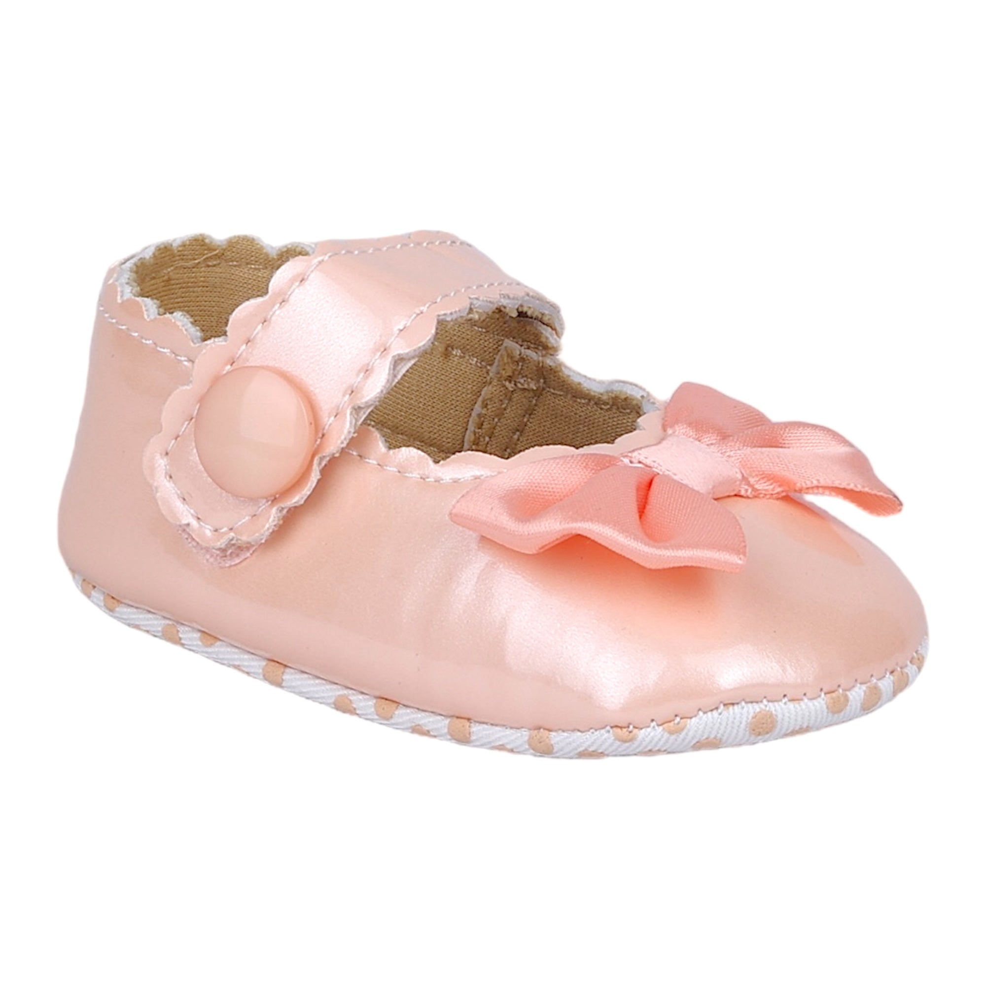 Baby Moo Bow Appplique Velcro Strap Anti-Skid Ballerina Booties - Peach