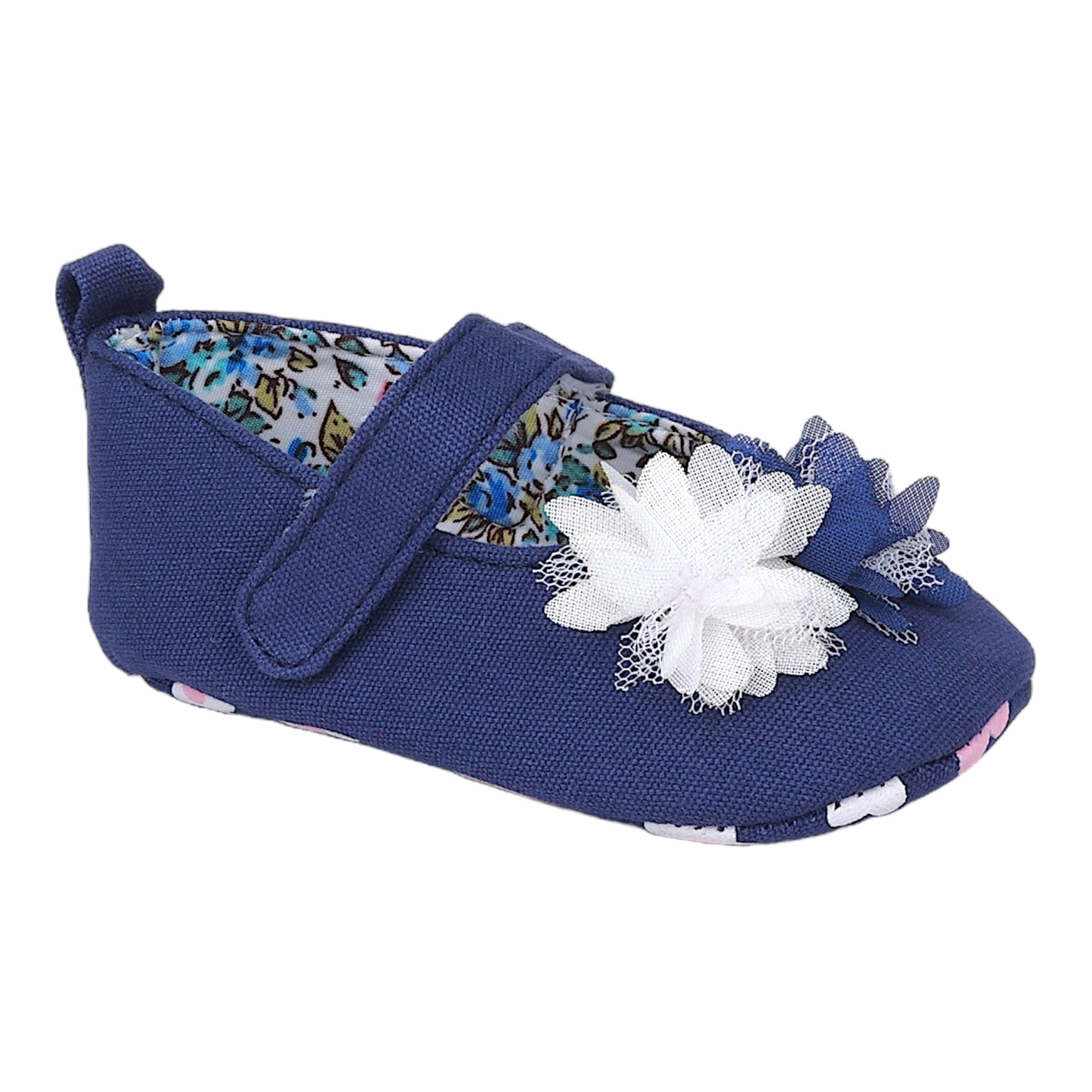 Baby Moo Embellished Flower Anti-Skid Ballerina Booties - Navy Blue