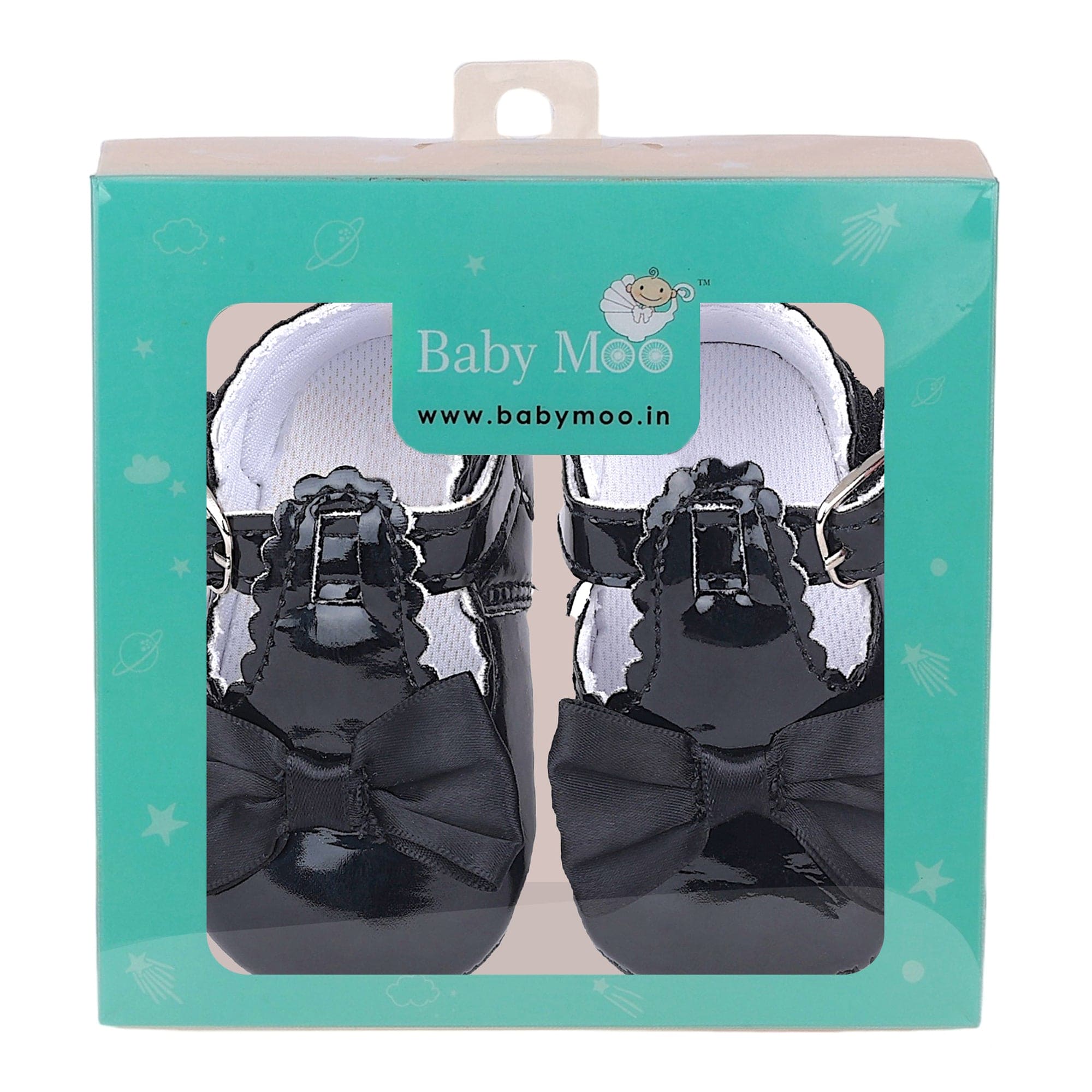 Baby Moo Mary Jane Bow Patent Leather Anti-Skid Ballerina Booties - Black