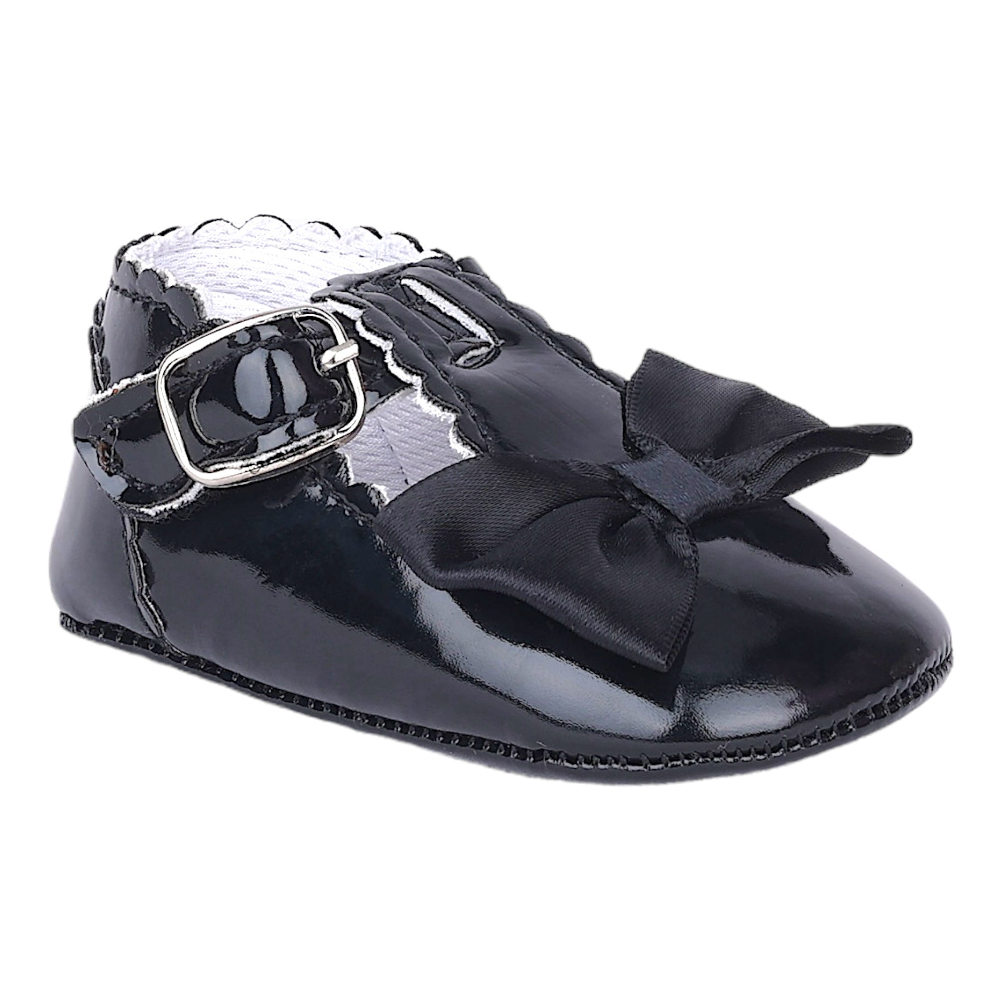 Baby Moo Mary Jane Bow Patent Leather Anti-Skid Ballerina Booties - Black