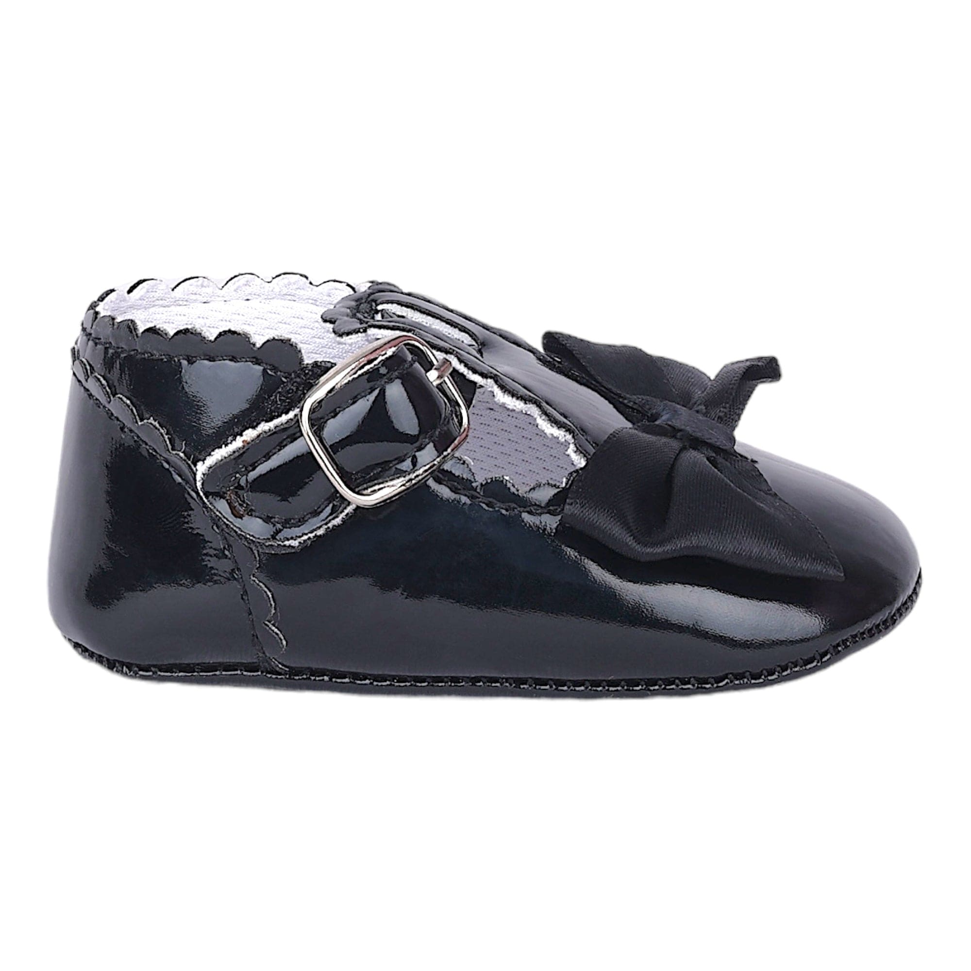 Baby Moo Mary Jane Bow Patent Leather Anti-Skid Ballerina Booties - Black