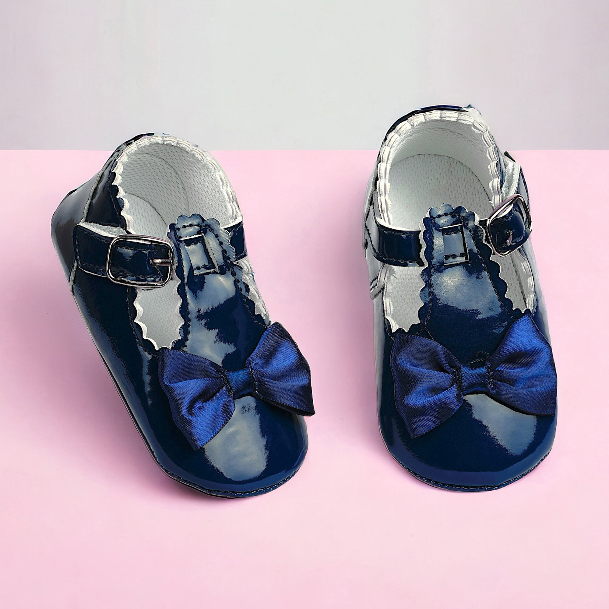 Baby Moo Mary Jane Bow Patent Leather Anti-Skid Ballerina Booties - Blue
