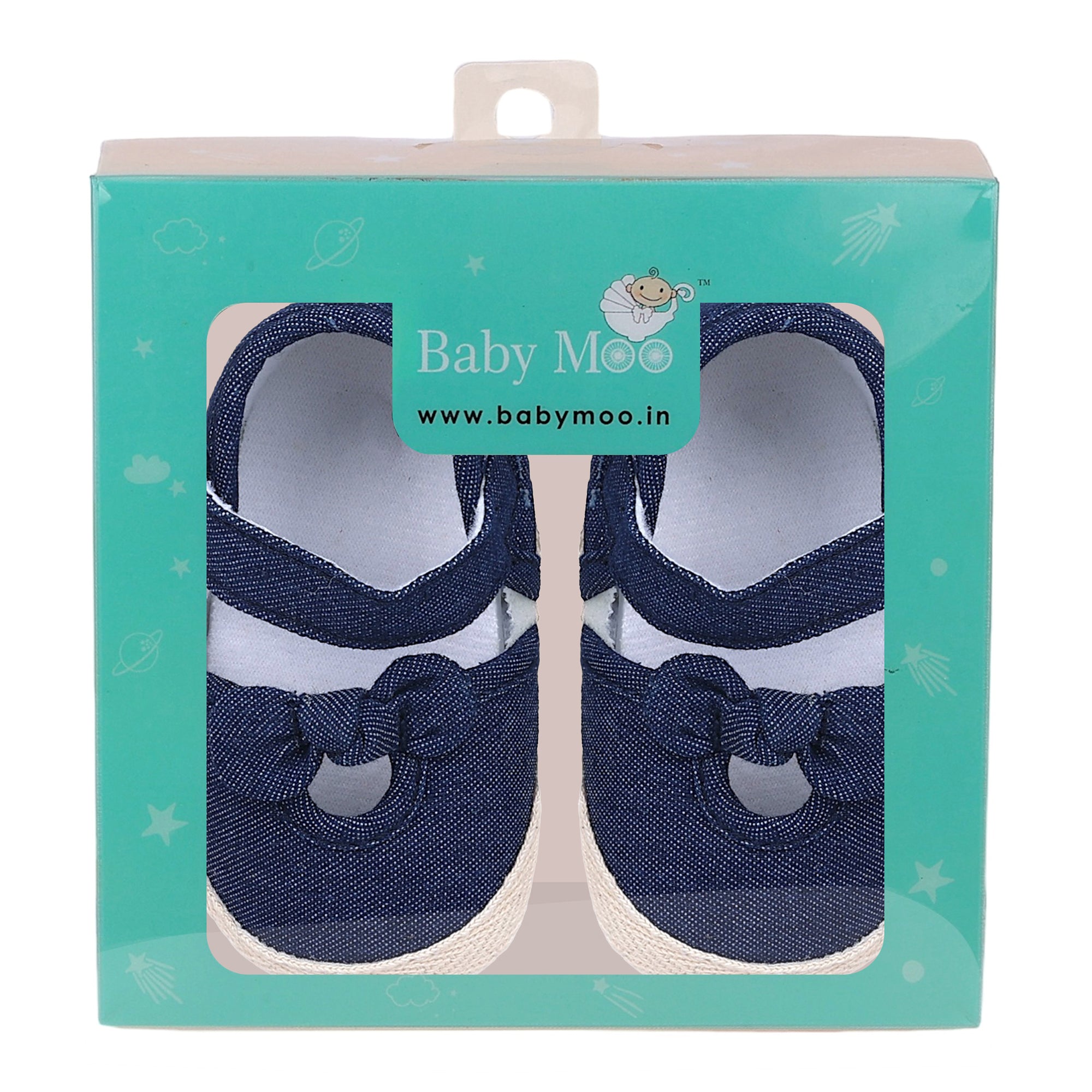 Baby Moo Bow Knot Velcro Strap Denim Ballerina Booties - Blue