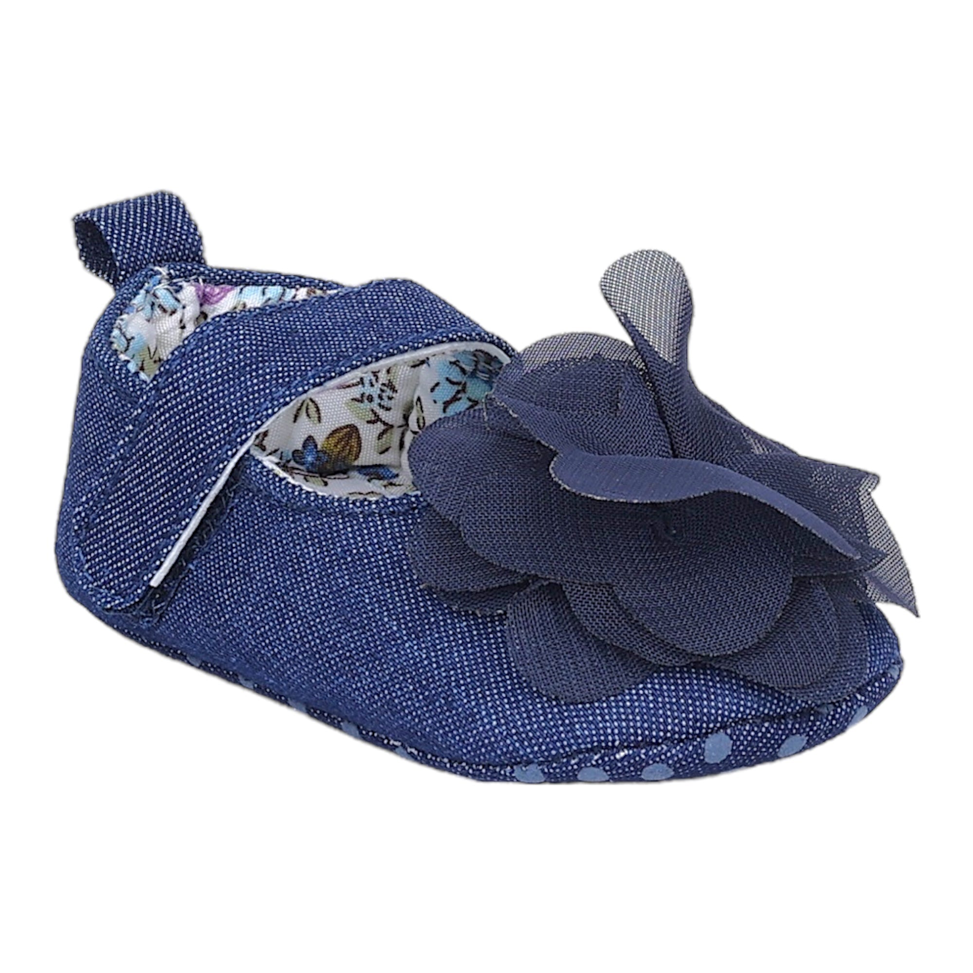 Baby Moo Embellished Flower Velcro Strap Denim Ballerina Booties - Navy Blue