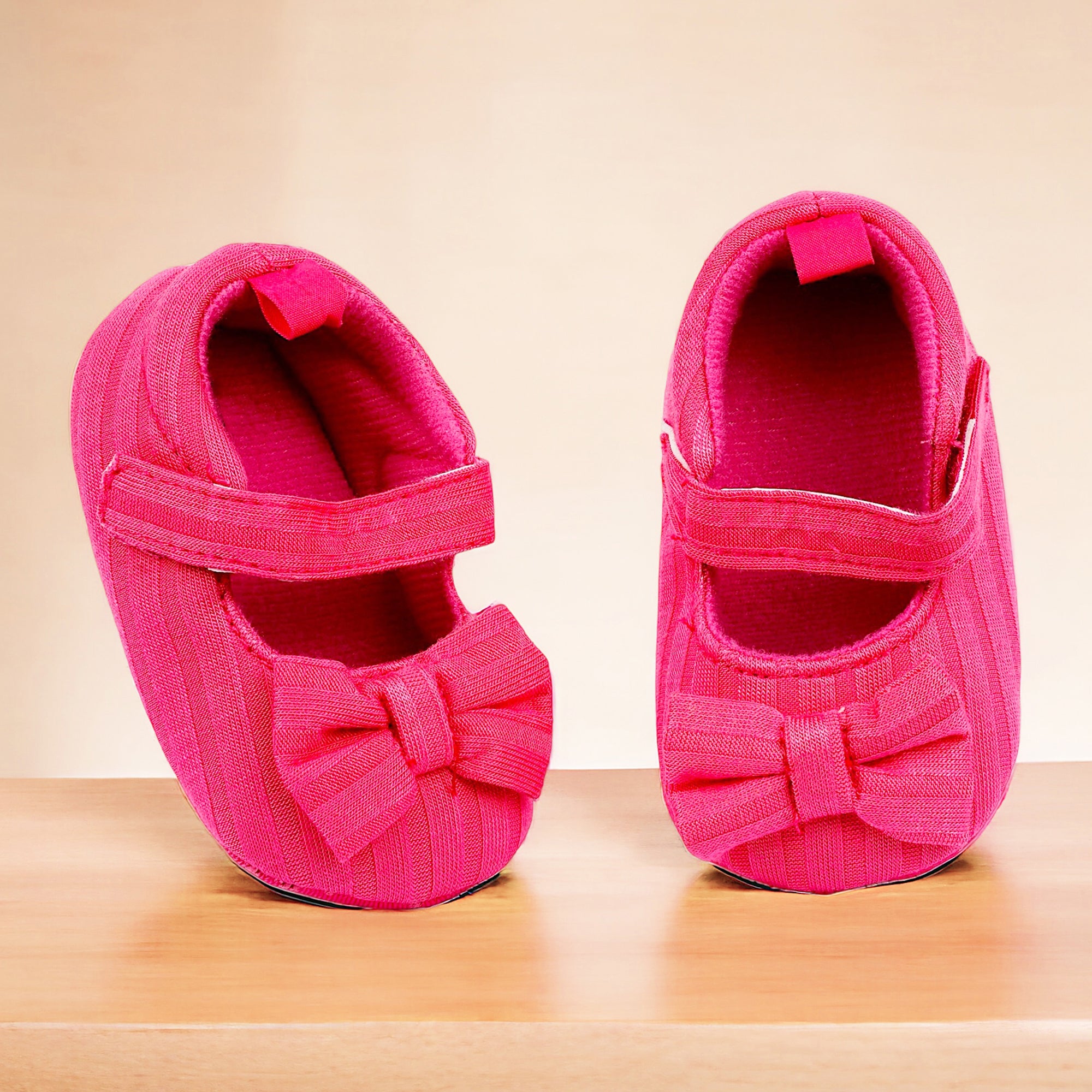 Baby Moo Bow Knot Velcro Strap Anti-Skid Ballerina Booties - Pink