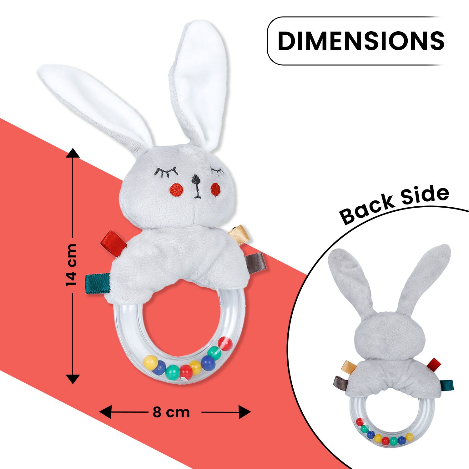 Baby Moo Sleepy Bunny Sensory Hand Grab Developmental Plush Handheld Ring Rattle Toy - Grey