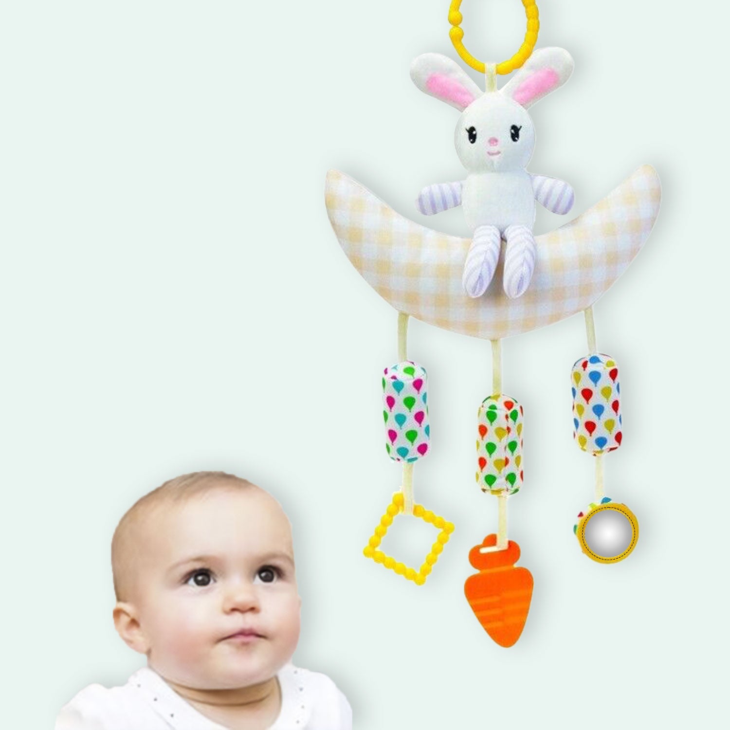 Baby Moo Bunny On Moon Wind Chime Hanging Toy With Teether - Yellow