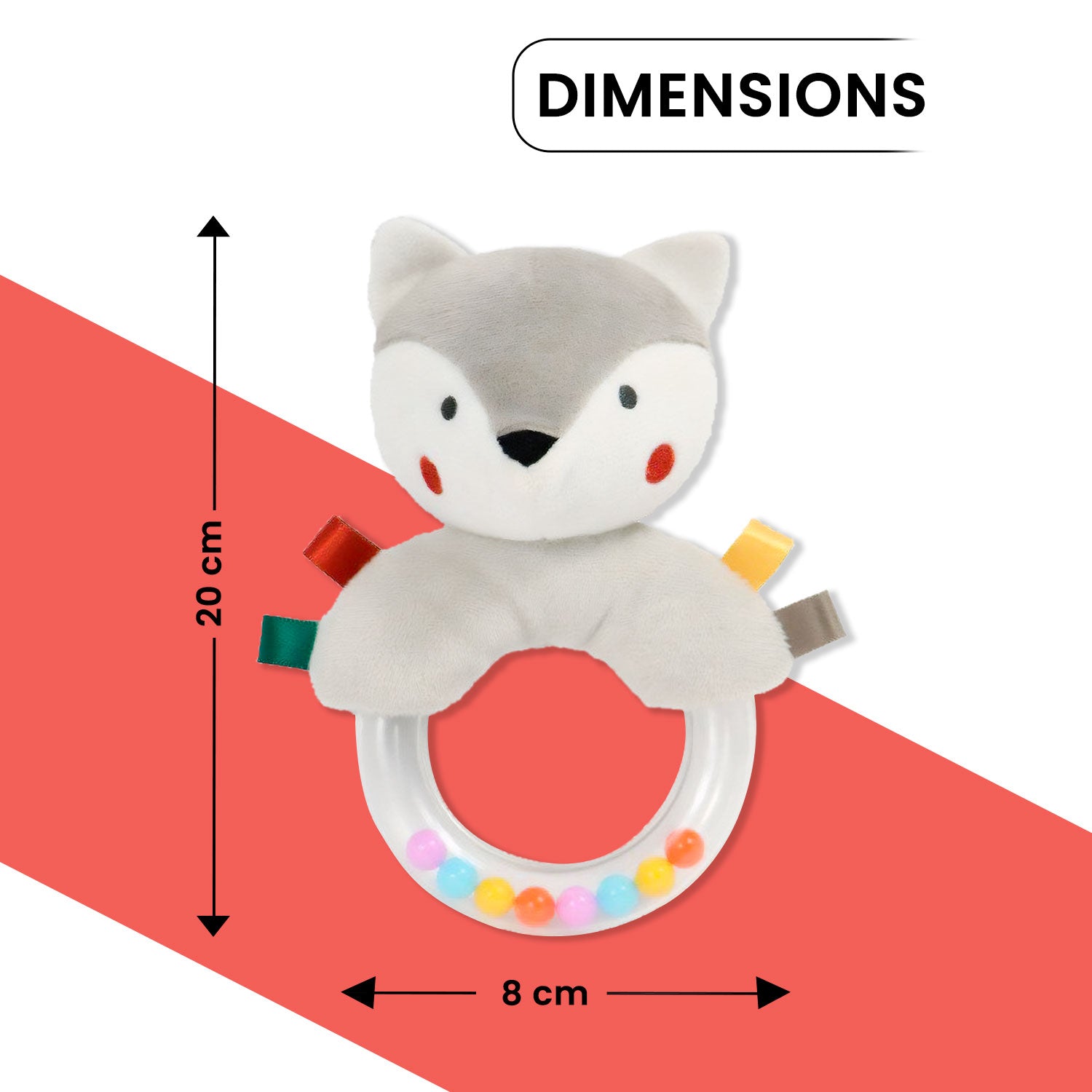 Baby Moo Fluffy Wolf Sensory Hand Grab Developmental Plush Handheld Ring Rattle Toy - Grey