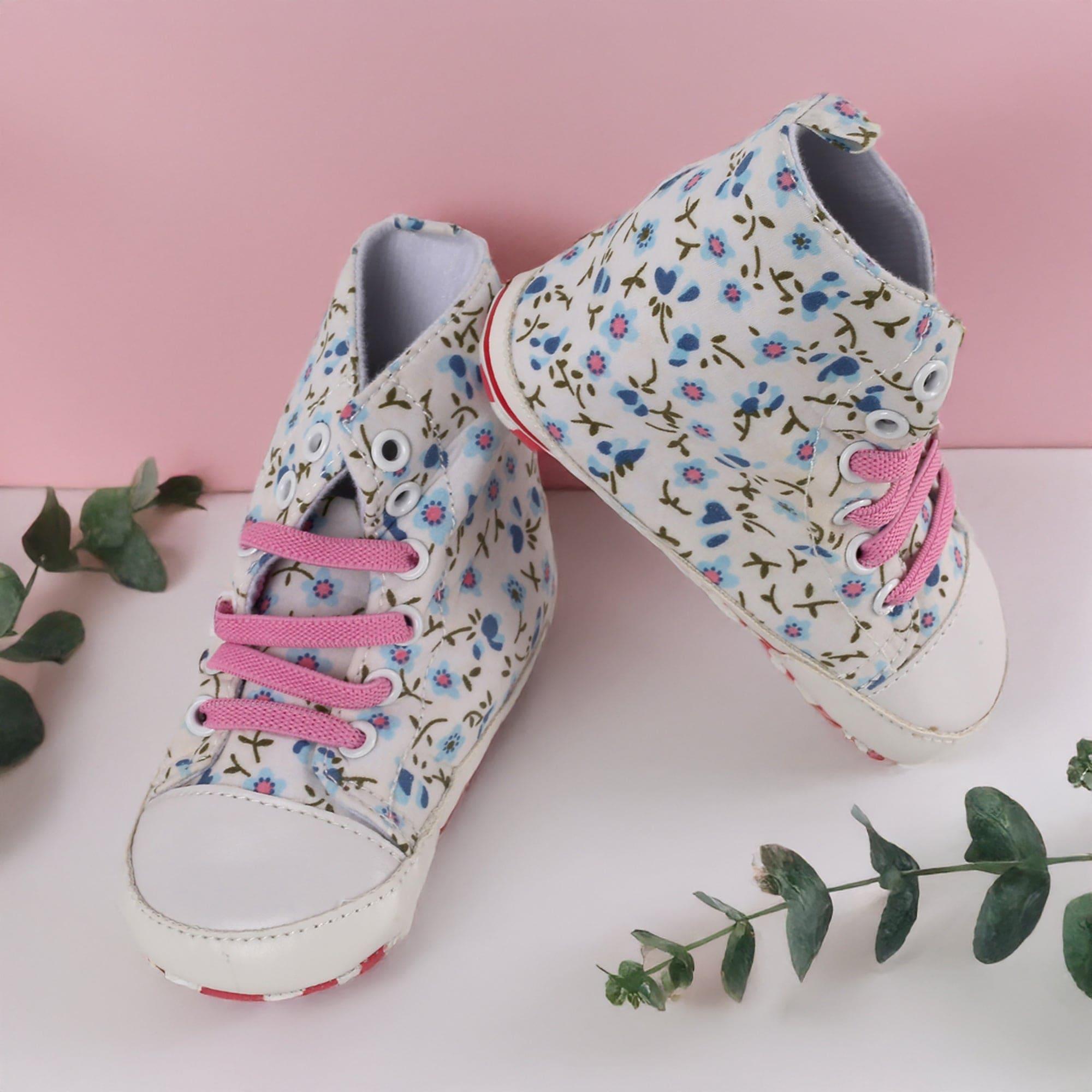 Baby Moo Floral White And Pink High Top Booties