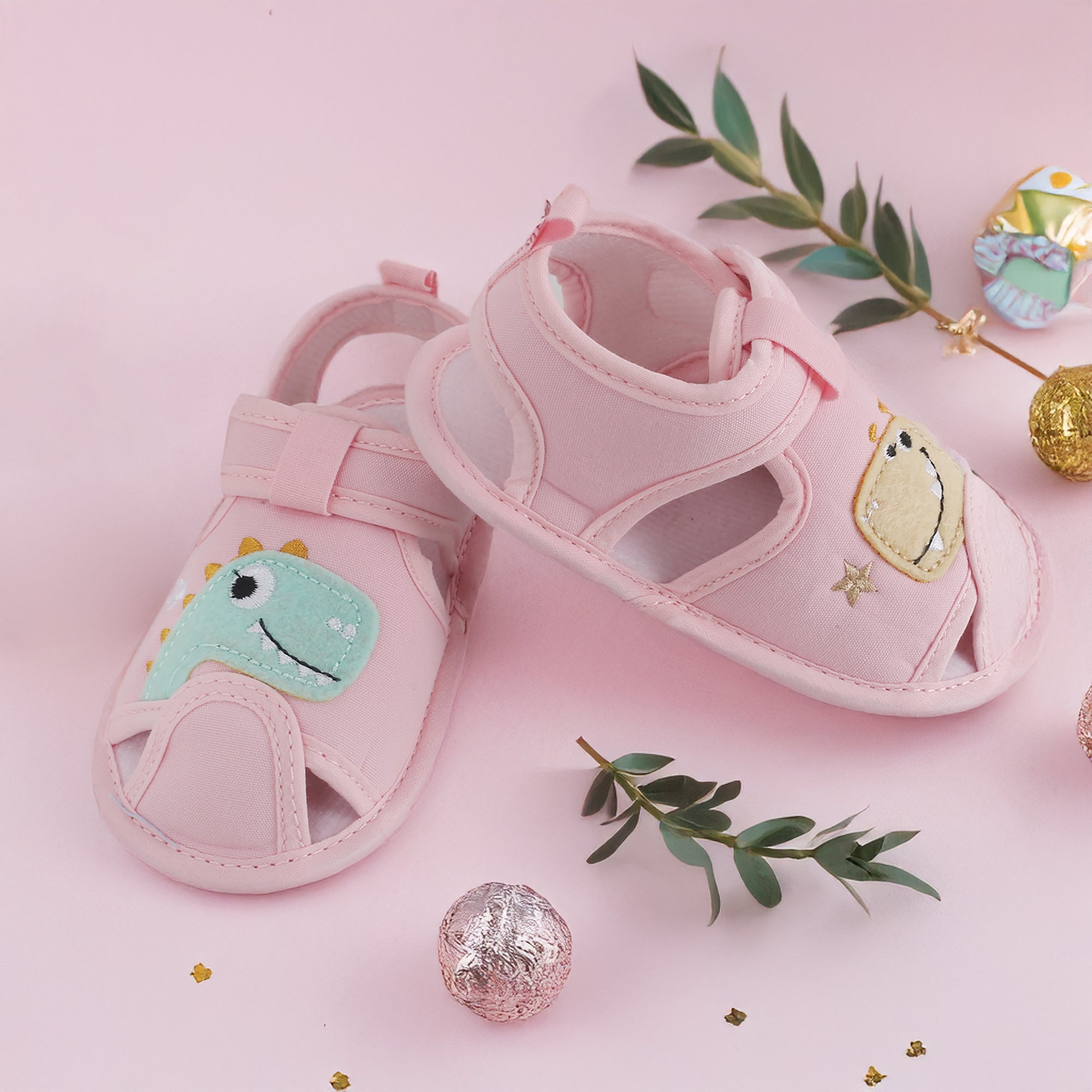 Baby Moo Dinosaur Pink Velcro Booties