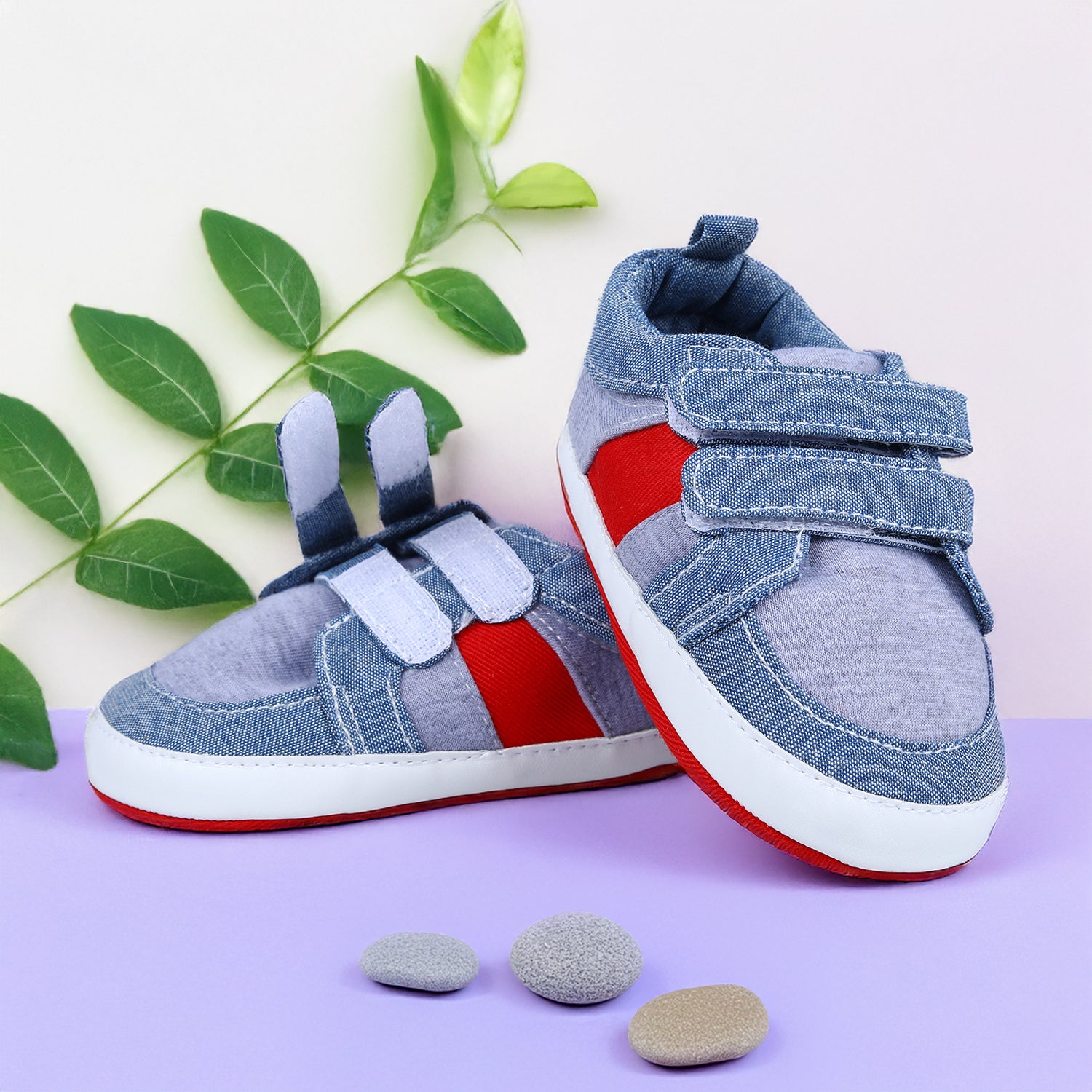 Colour Blocked Cute And Casual Denim Velcro Booties - Blue And Red