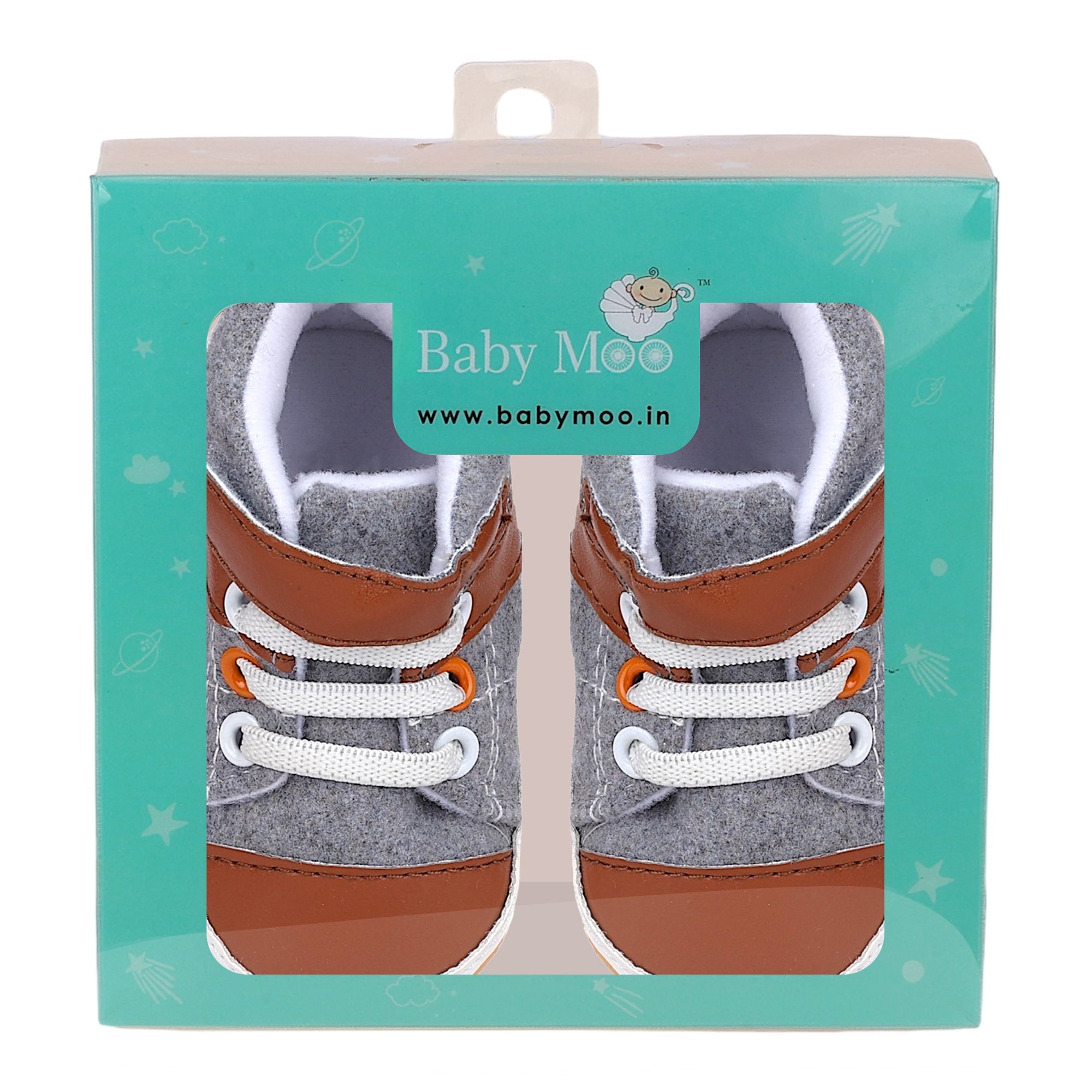 Baby Moo Leather Lace-Up Design Velcro Strap Anti-Skid Sneakers - Grey, Brown