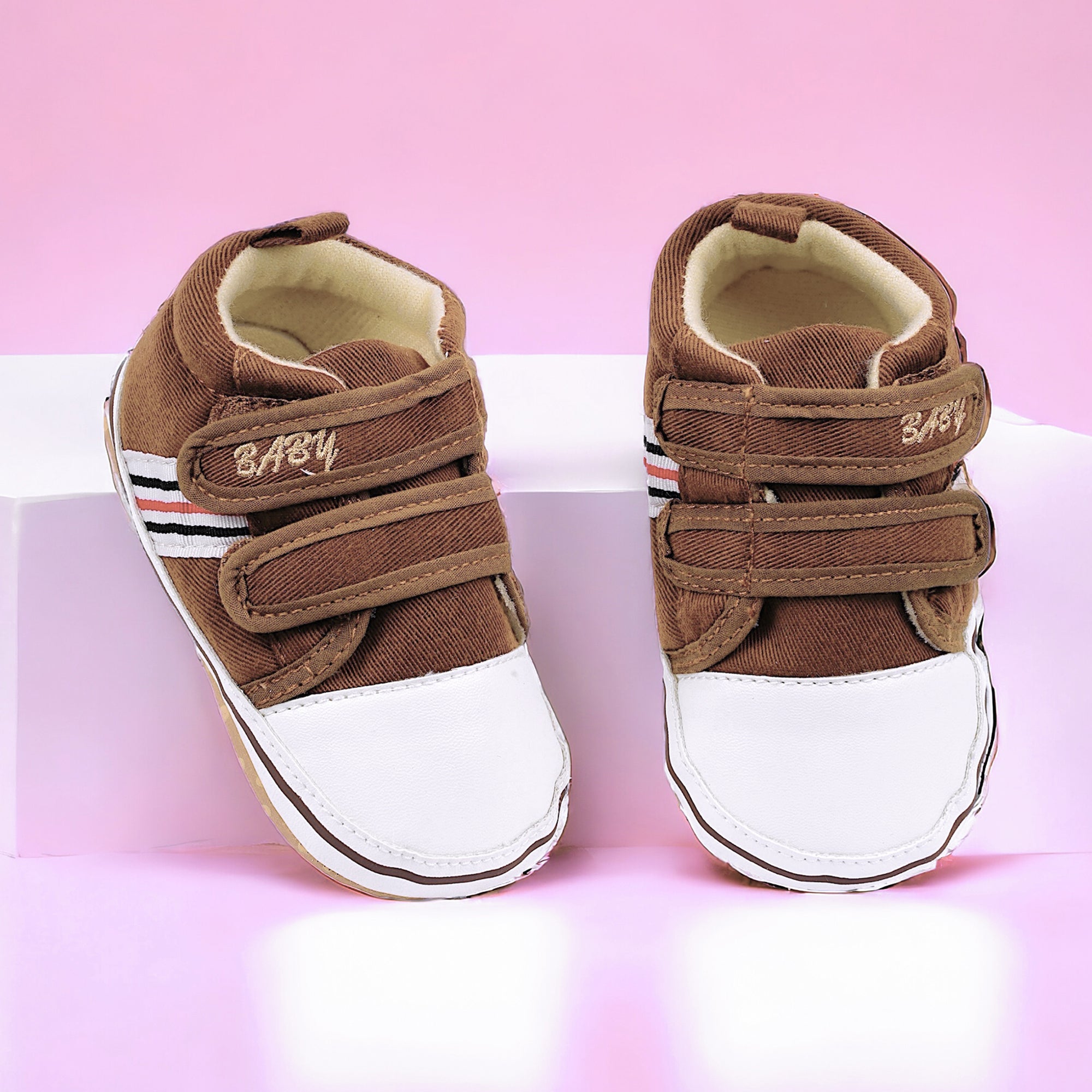 Baby Moo Stylish Velcro Strap Anti-Skid Canvas Sneakers - Brown, White