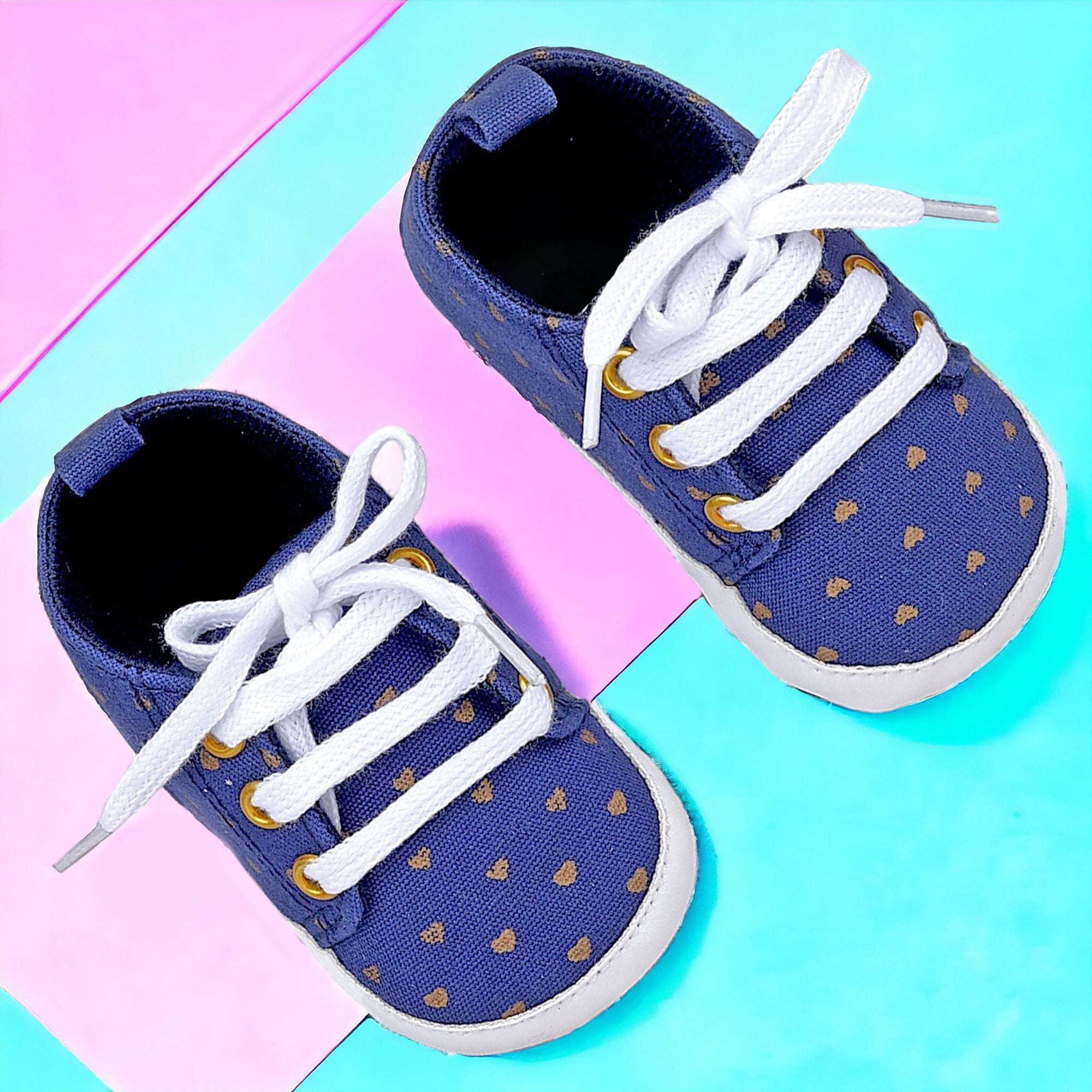Baby Moo Heart Print Lace-Up Anti-Skid Sneakers - Navy Blue