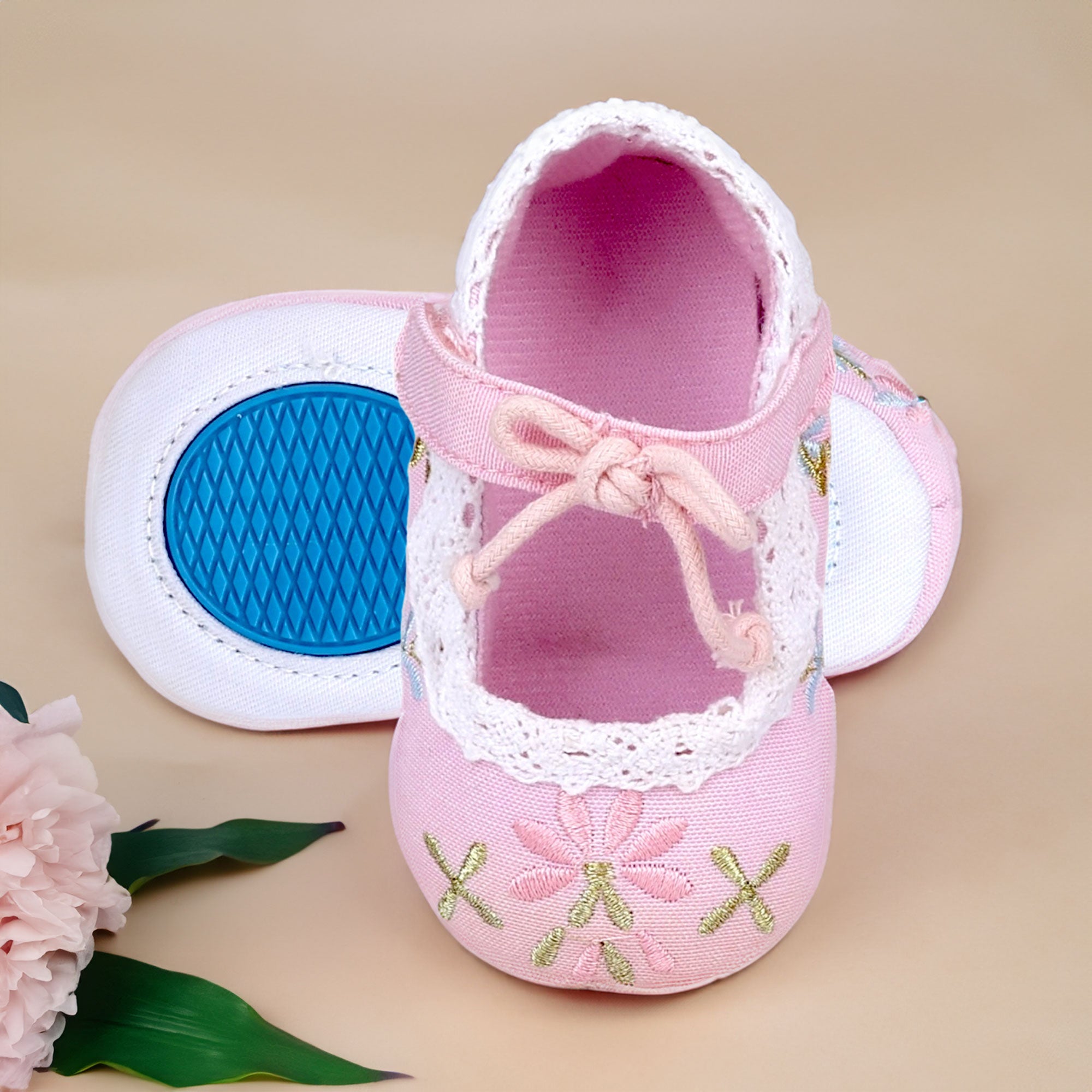 Baby Moo Fancy Floral Embroidered Velcro Straps Anti-Skid Booties - Pink