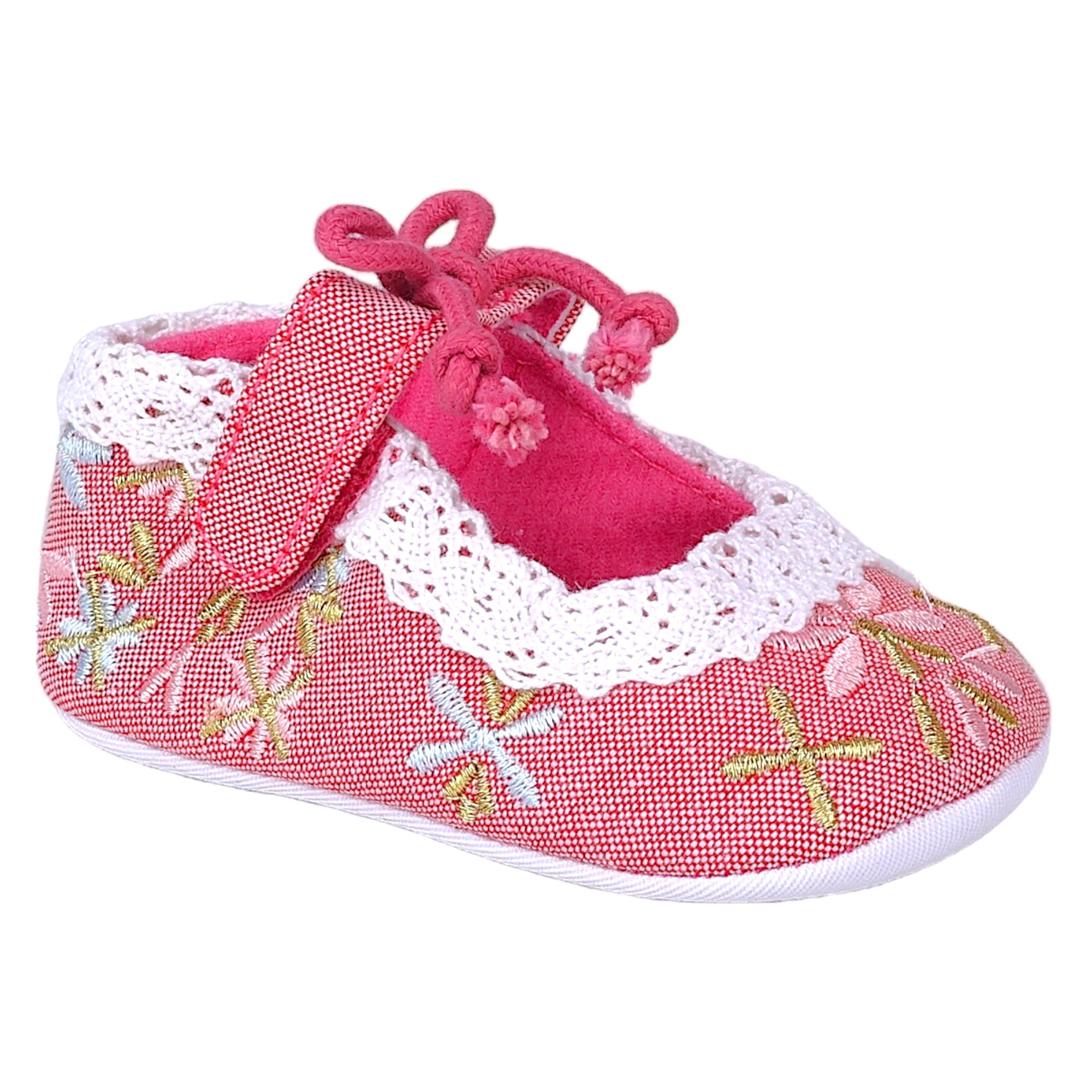 Baby Moo Fancy Floral Embroidered Velcro Straps Anti-Skid Booties - Peach
