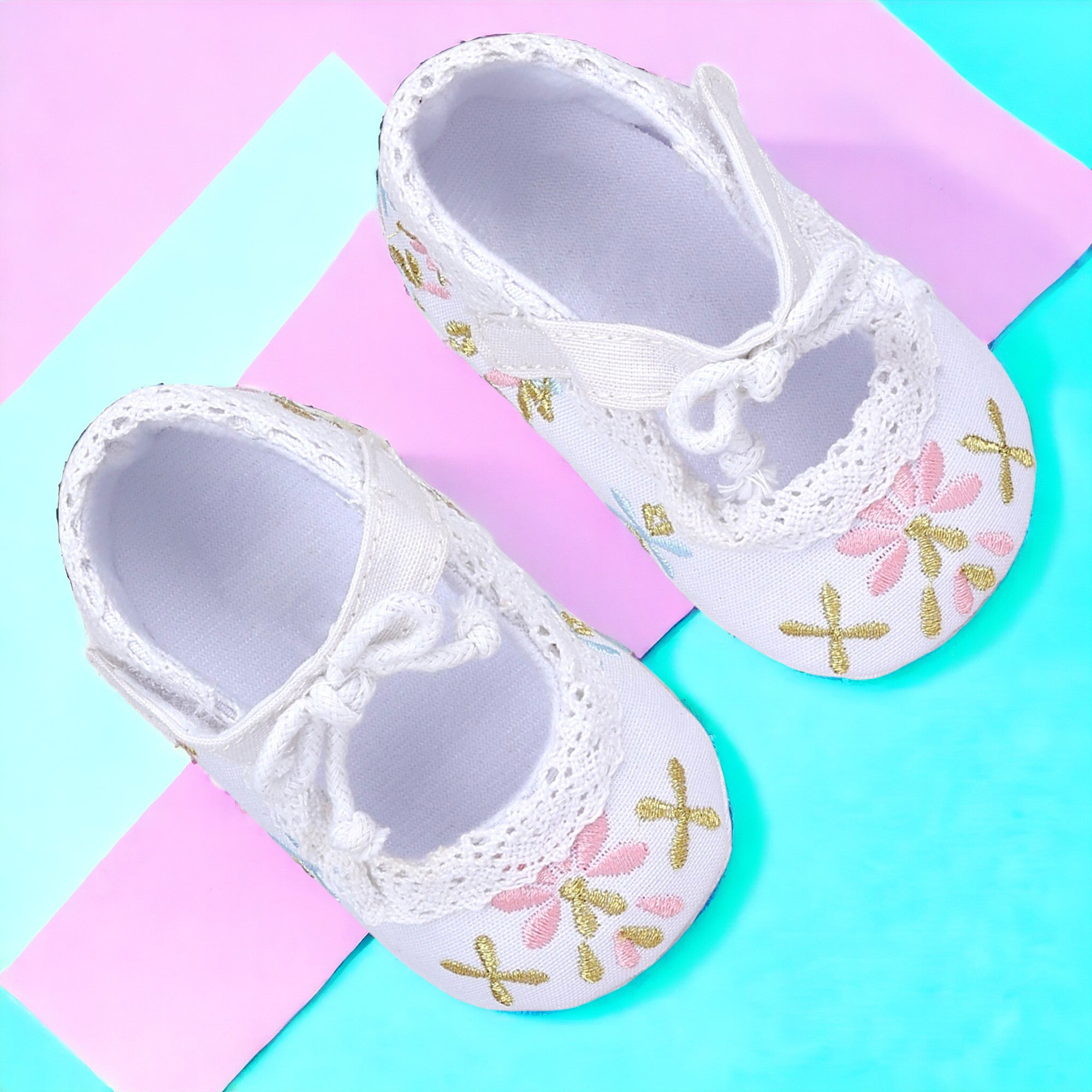 Baby Moo Fancy Floral Embroidered Velcro Straps Anti-Skid Booties - White