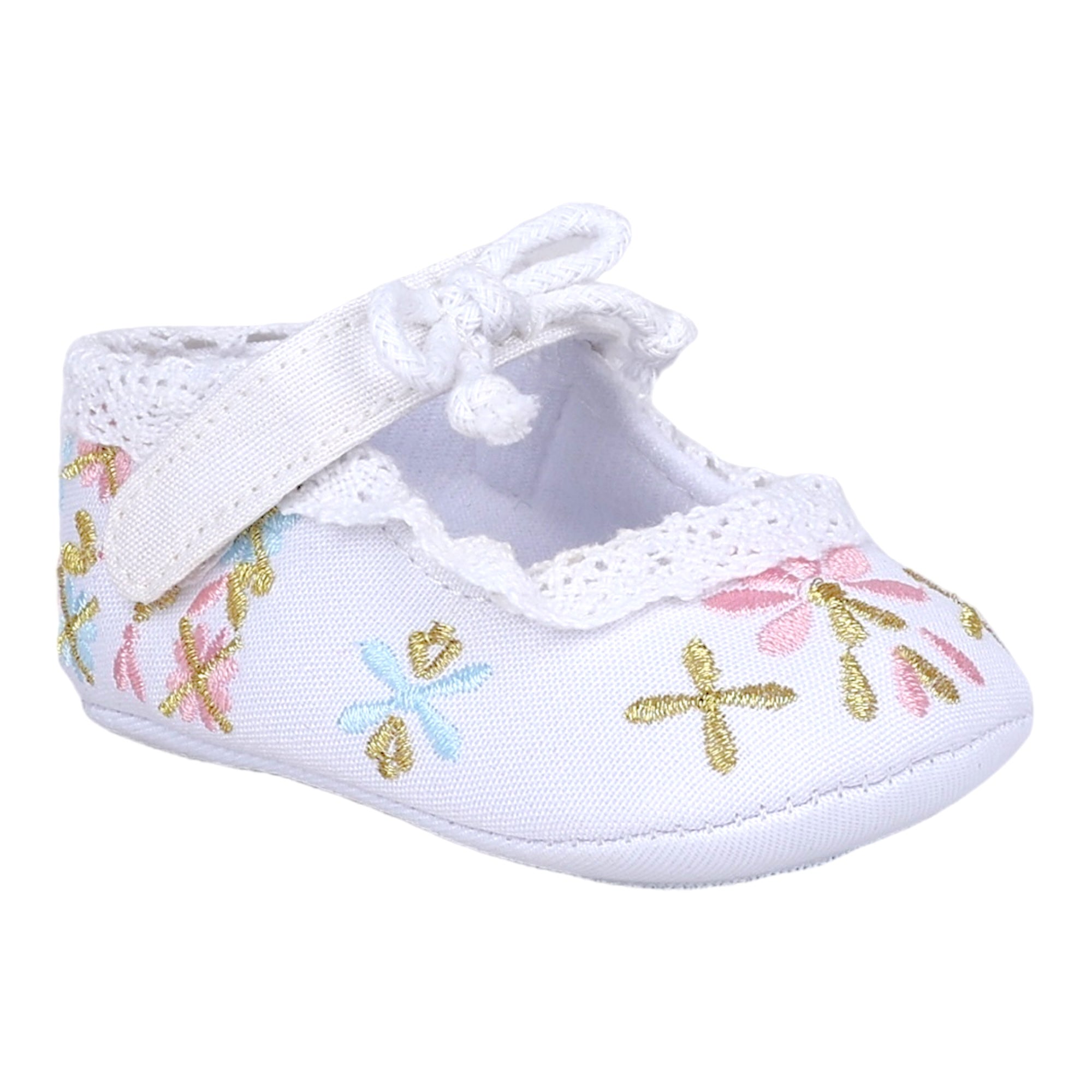 Baby Moo Fancy Floral Embroidered Velcro Straps Anti-Skid Booties - White