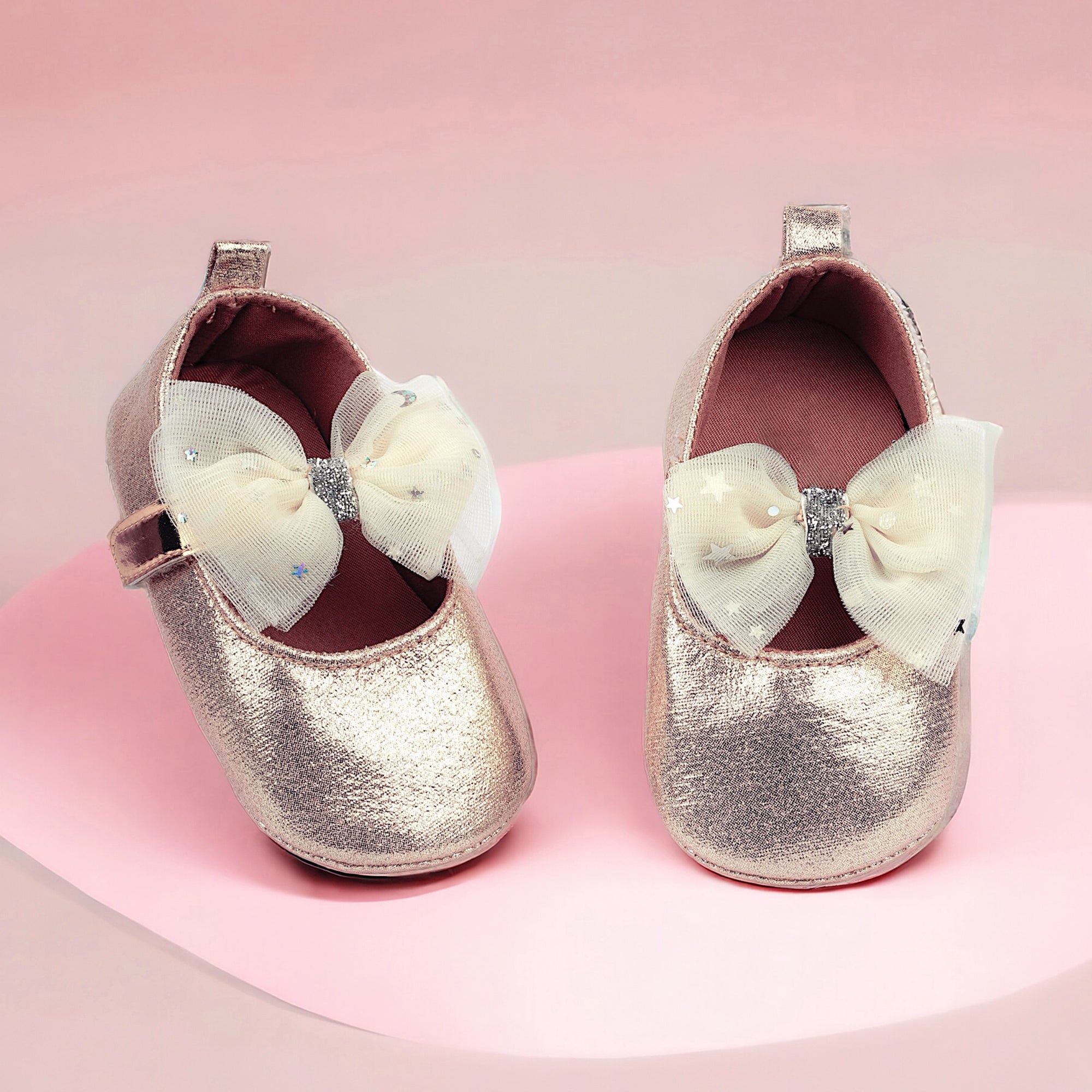Baby Moo Starry Bow Partywear Anti-Skid Ballerina Booties - Gold
