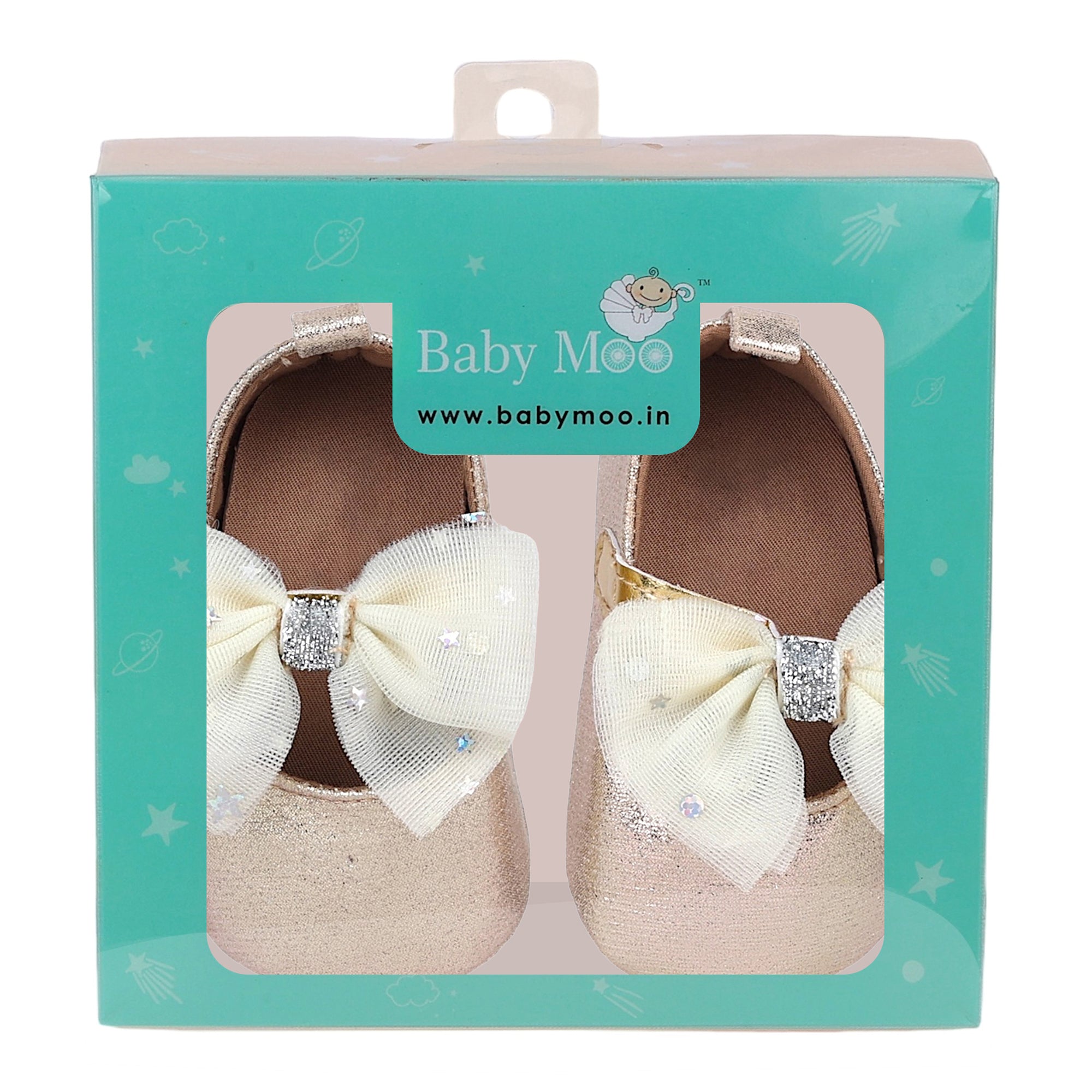 Baby Moo Starry Bow Partywear Anti-Skid Ballerina Booties - Gold