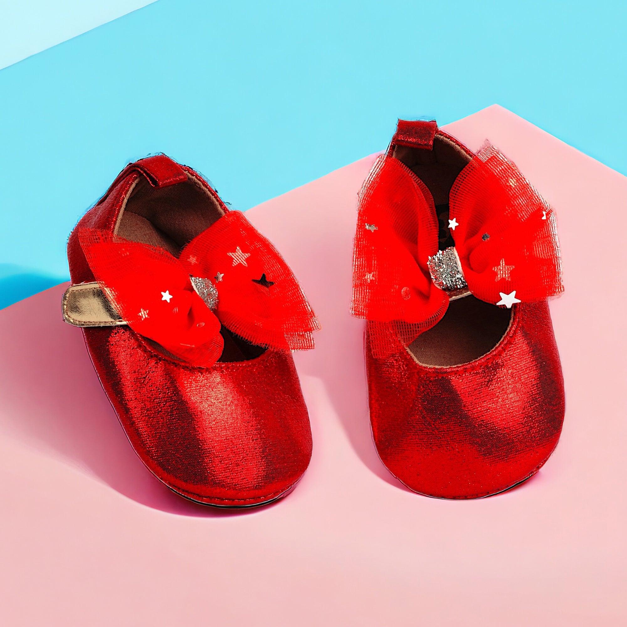 Baby Moo Starry Bow Partywear Anti-Skid Ballerina Booties - Red