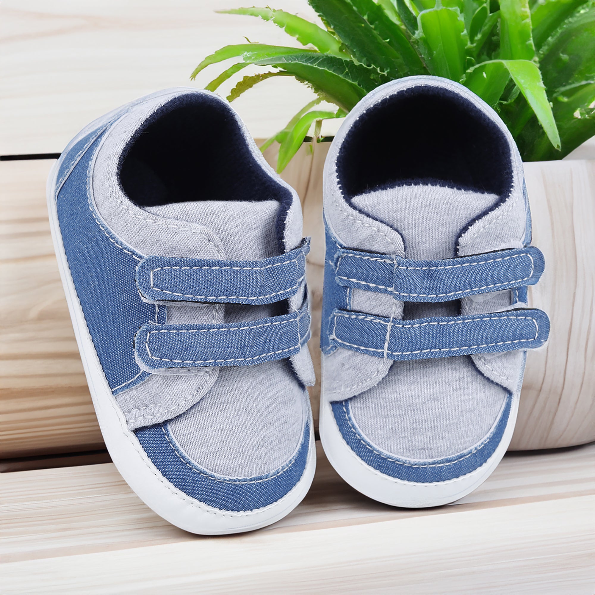 Baby Moo Stylish Colour Blocked Velcro Straps Anti-Skid Sneakers - Grey, Blue
