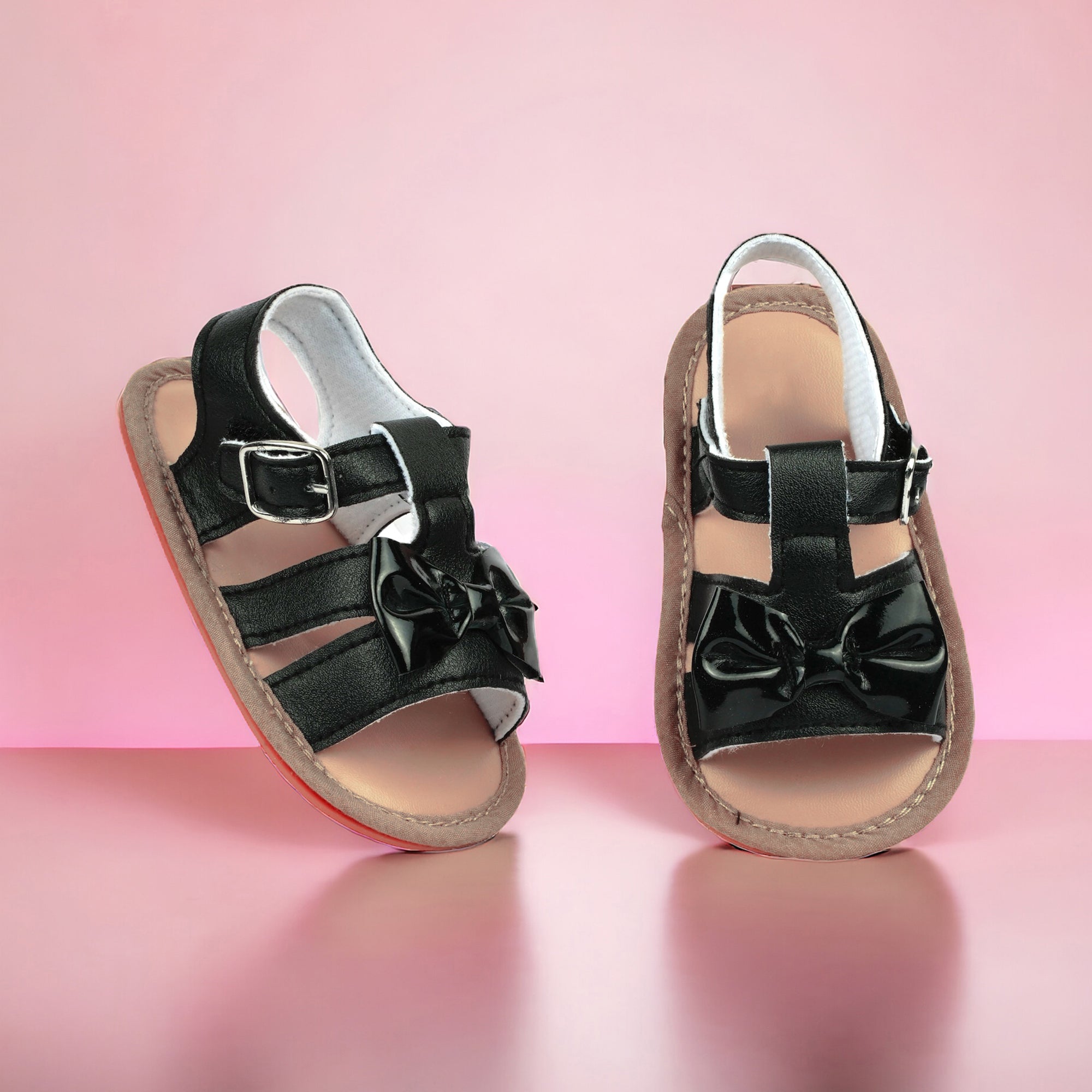 Baby Moo Bow Velcro T-Strap Anti-Skid Open Toe Sandals - Black