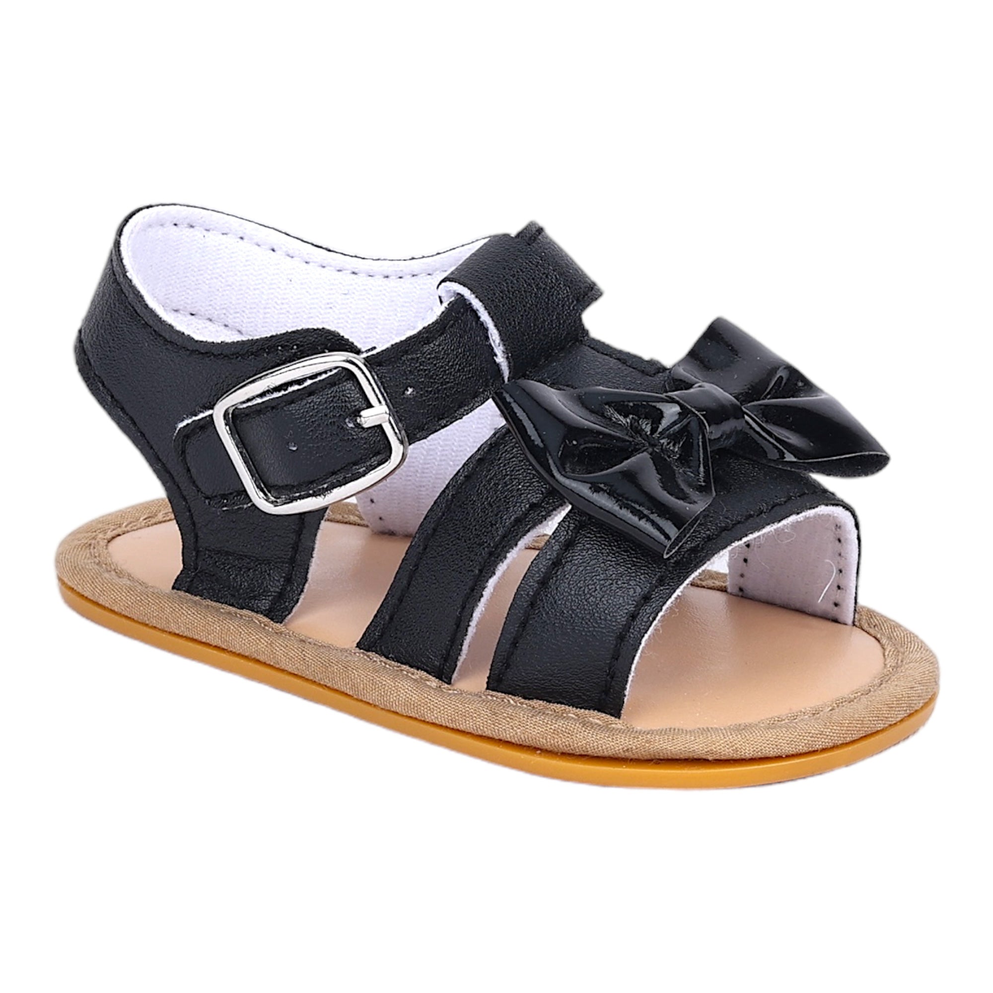 Baby Moo Bow Velcro T-Strap Anti-Skid Open Toe Sandals - Black