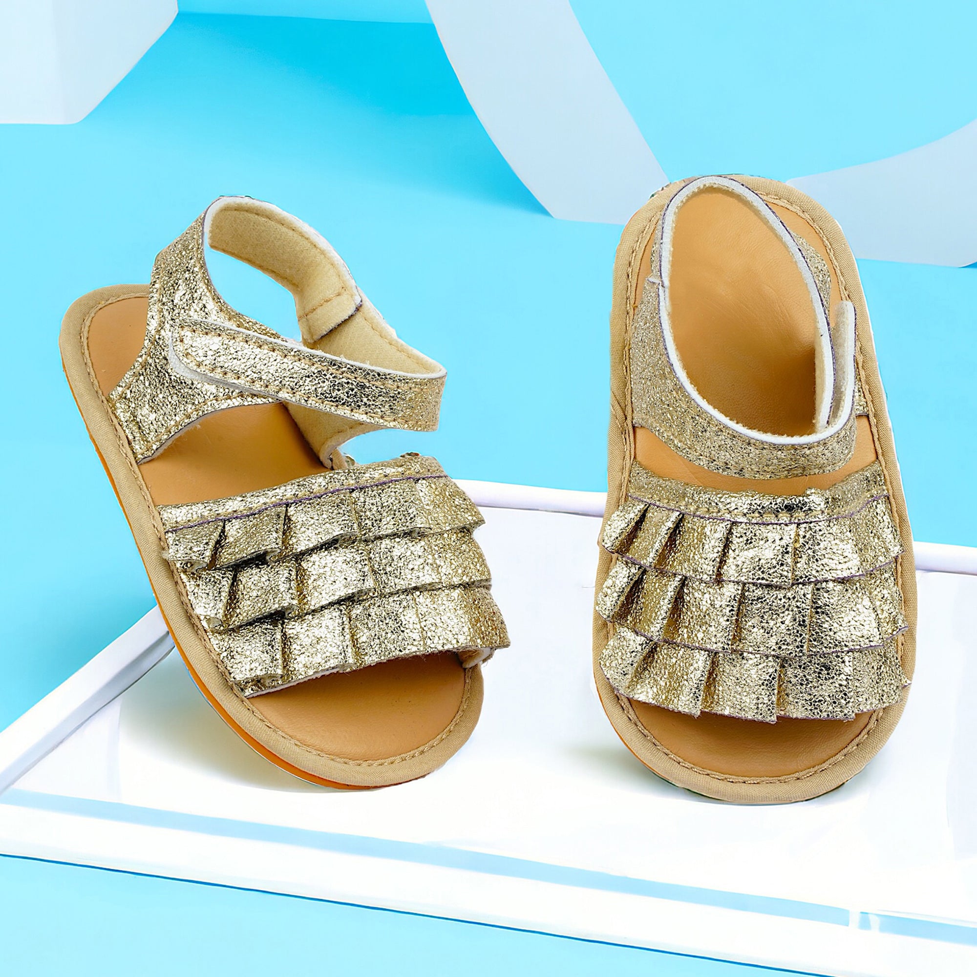 Baby Moo Frilly Glitter Partywear Velcro Straps Anti-Skid Sandals - Gold
