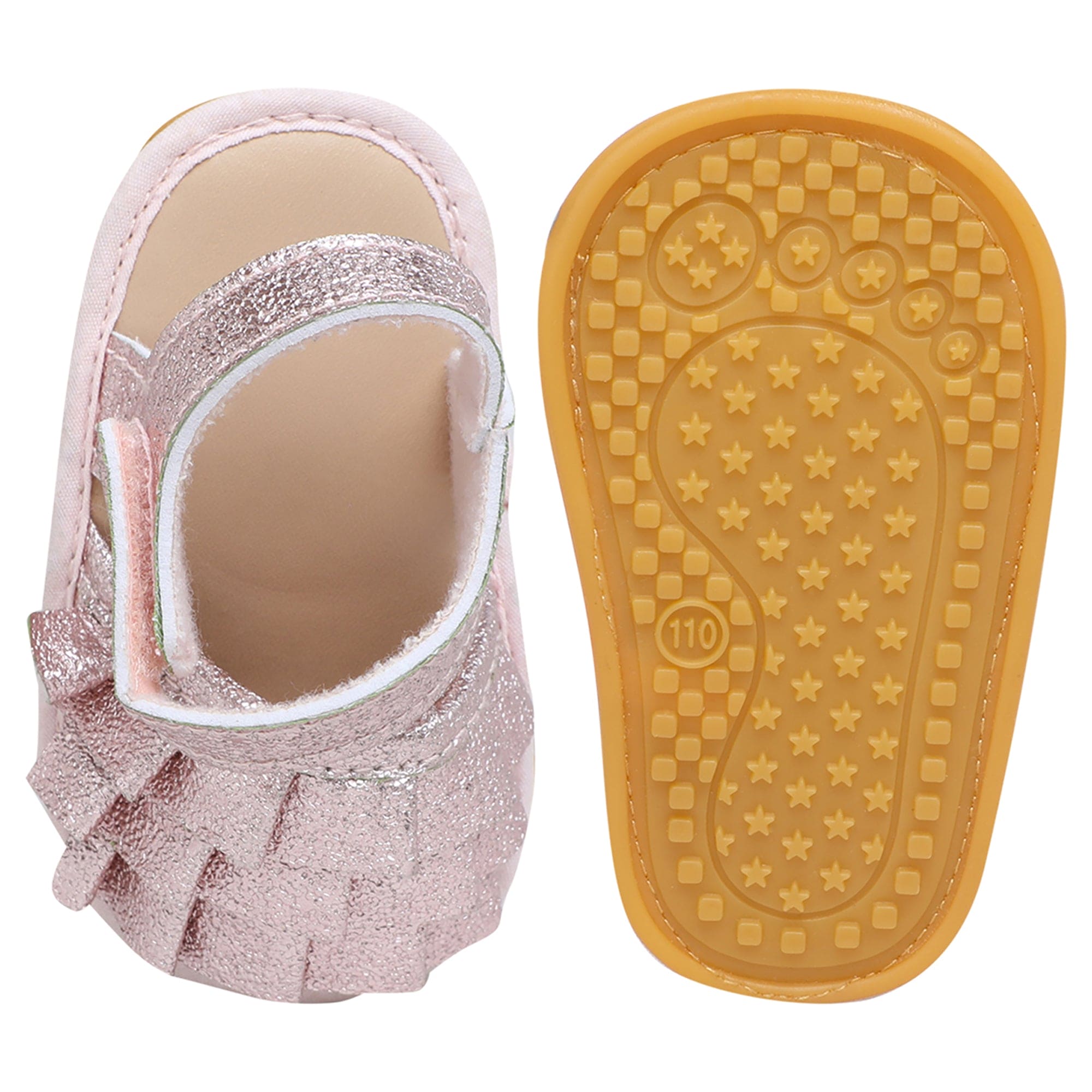 Baby Moo Frilly Glitter Partywear Velcro Straps Anti-Skid Sandals - Pink, Rose Gold