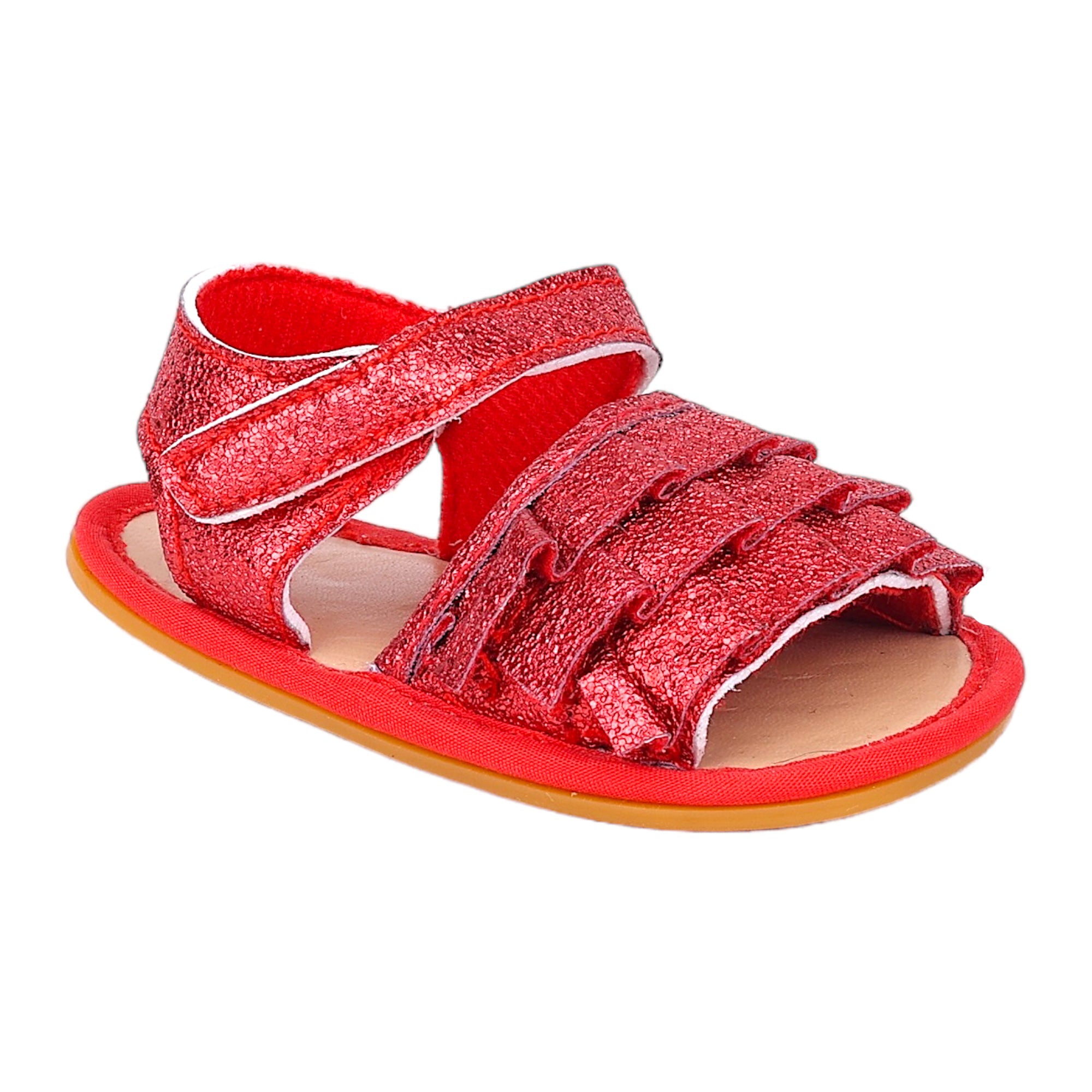 Baby Moo Frilly Glitter Partywear Velcro Straps Anti-Skid Sandals - Red